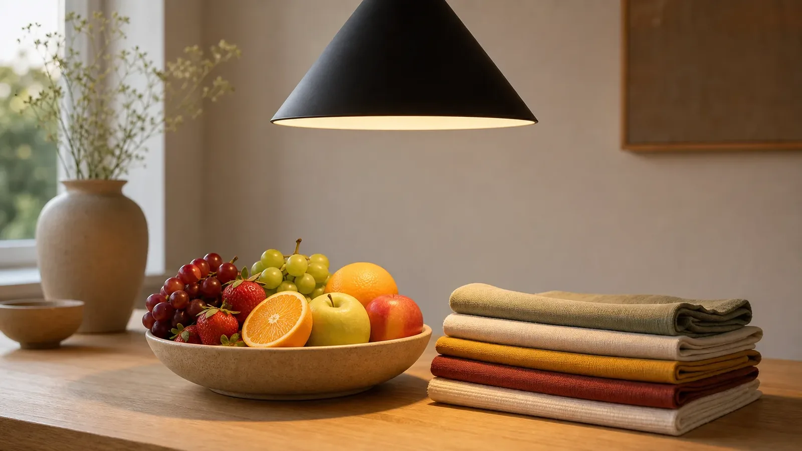 Färgstark frukt och textil i varmt ljus med hög färgåtergivning