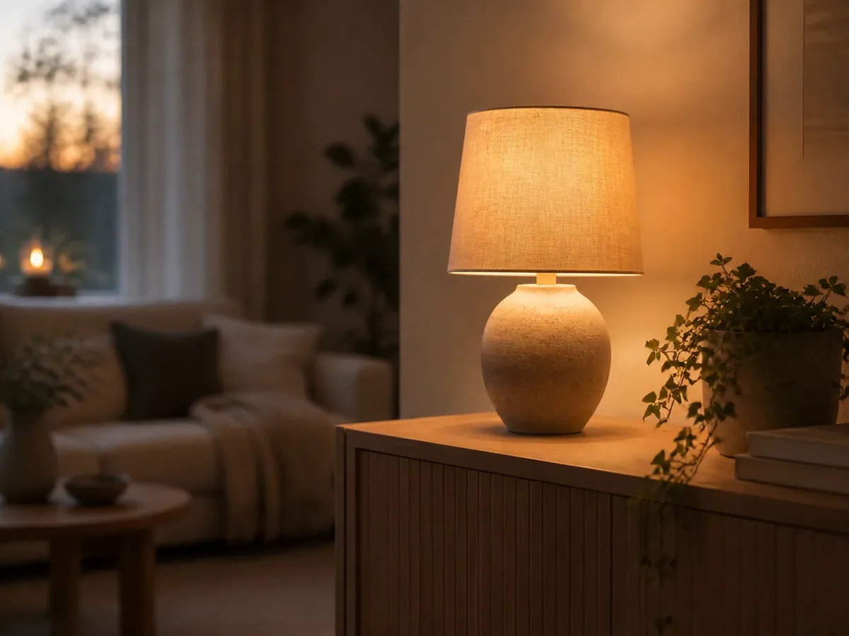 Bordslampa i keramik som lyser varmt på en ekbyrå i ett mysigt vardagsrum