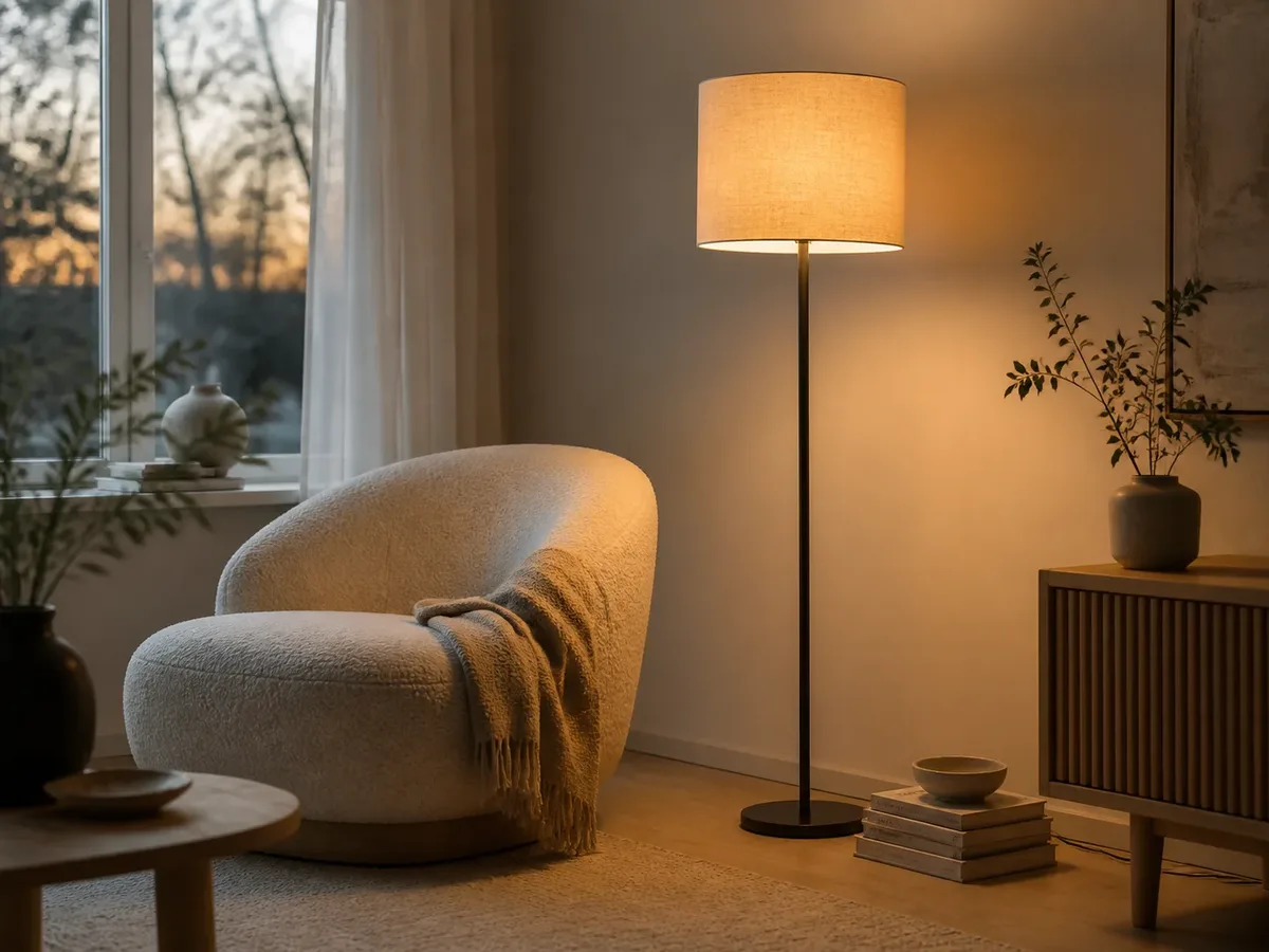 Golvlampa med linneskärm som lyser varmt bredvid en fåtölj i ett vardagsrum