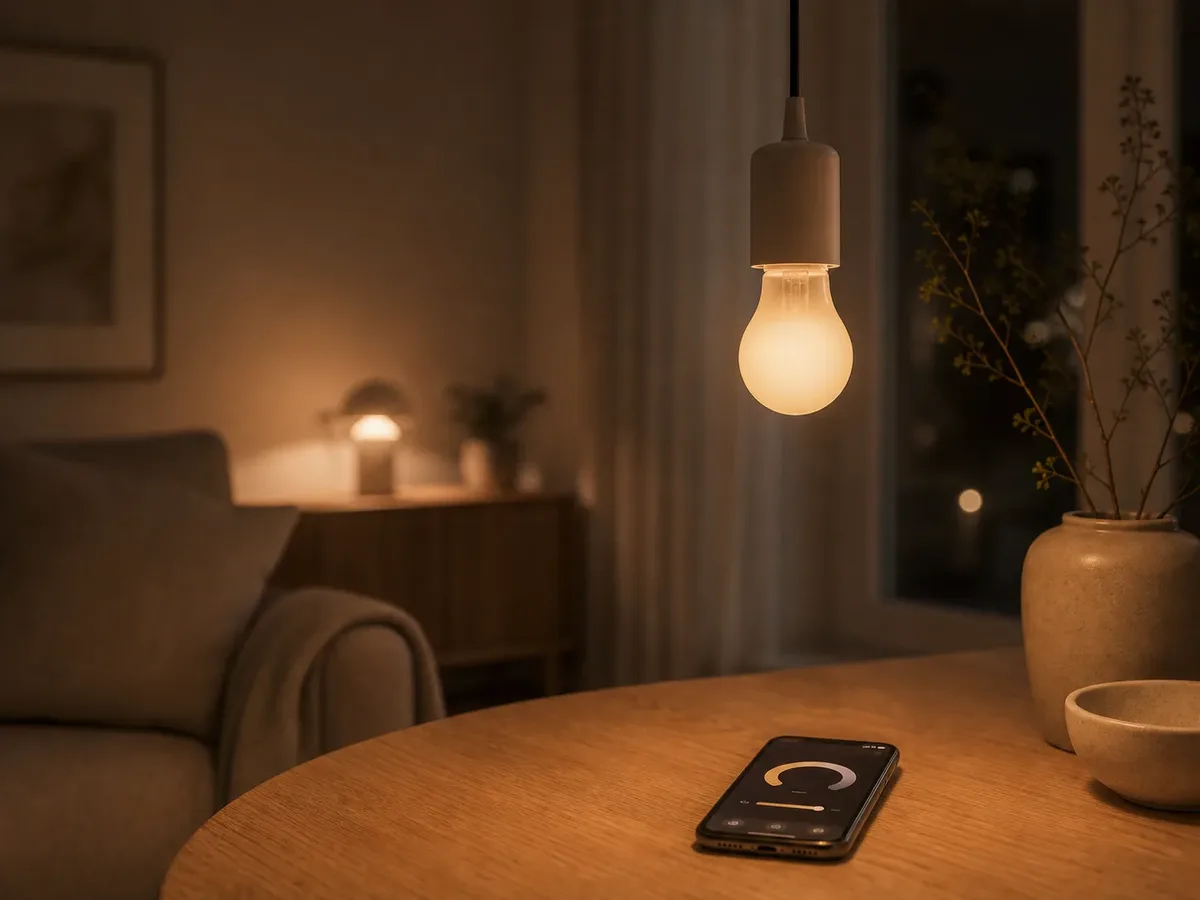 Smart glödlampa som lyser varmt, med en mobil som visar en ljus-app i bakgrunden