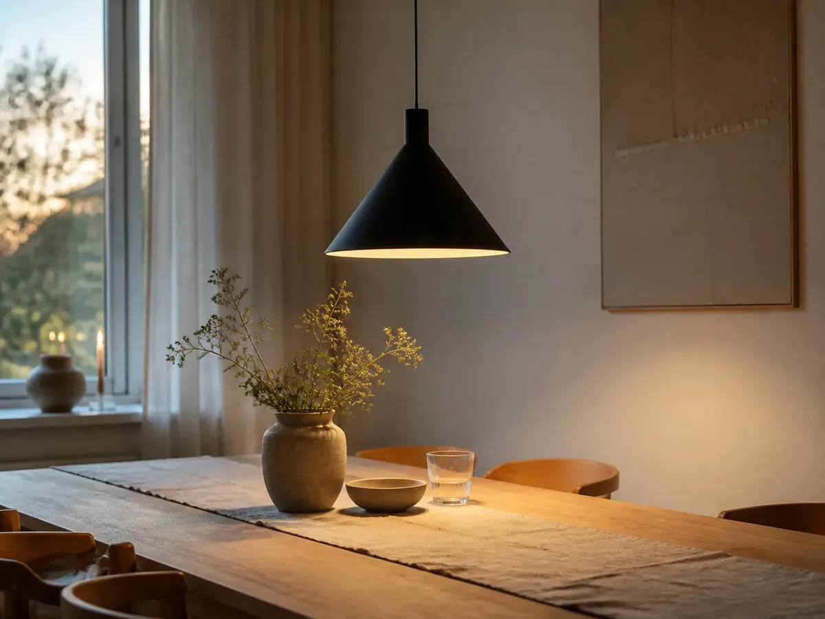 Svart pendellampa som lyser varmt över ett ekbord i ett skandinaviskt matrum