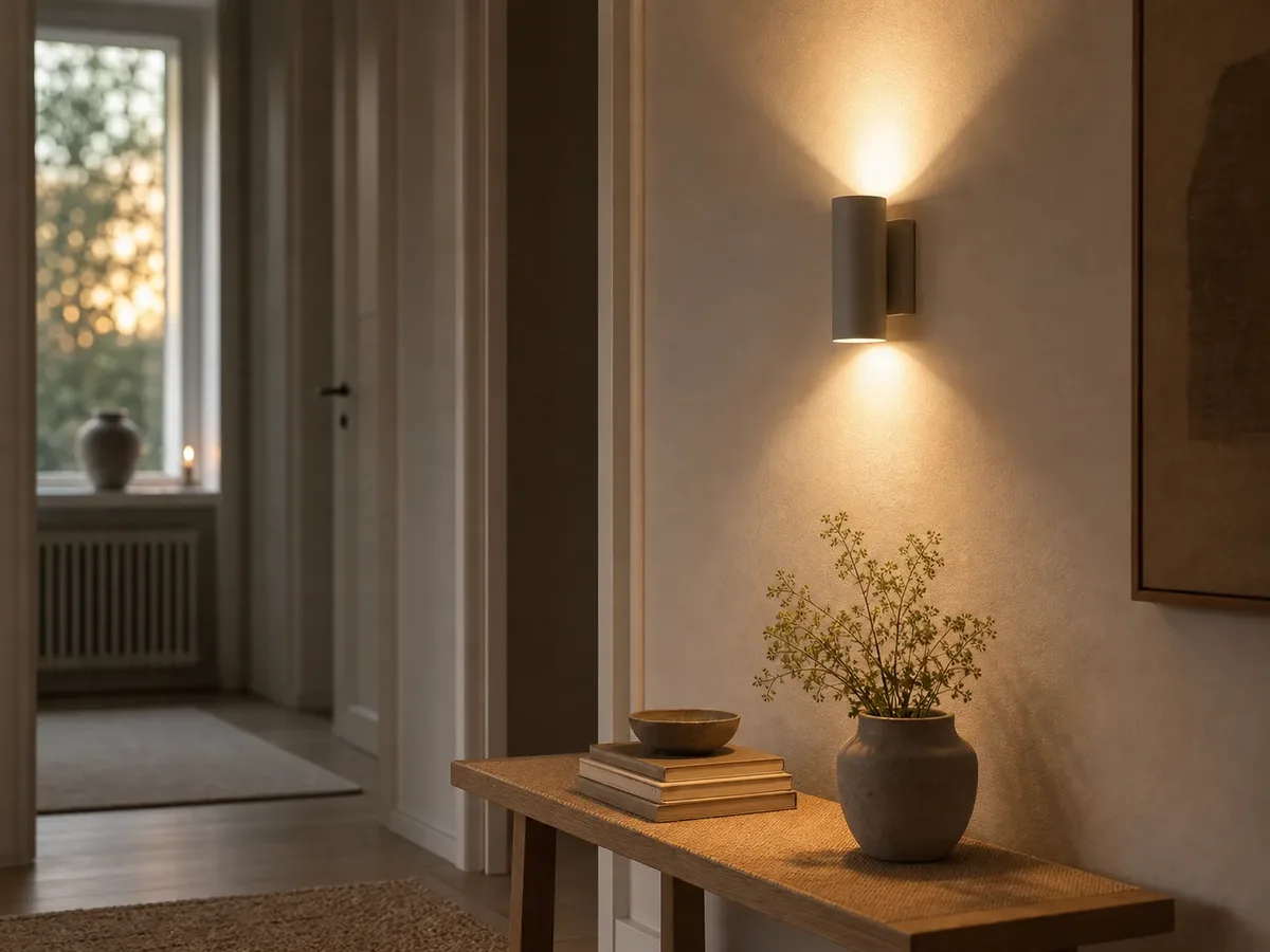 Vägglampa som lyser uppåt och nedåt mot en ljus vägg i en hall