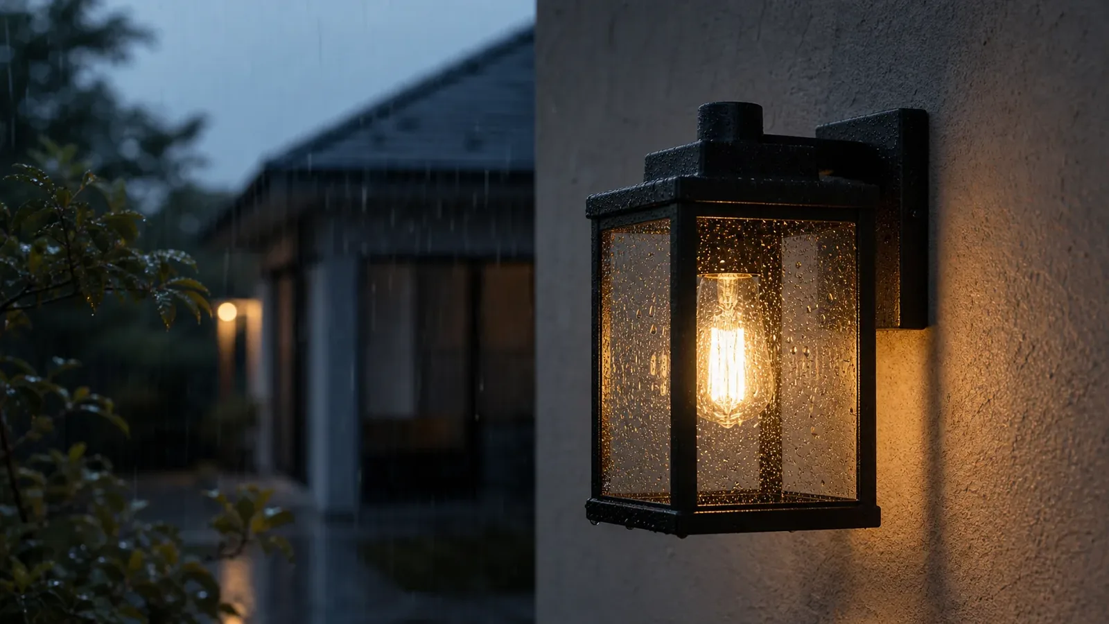 Utomhus-vägglampa på en blöt fasad i regn, lyser varmt