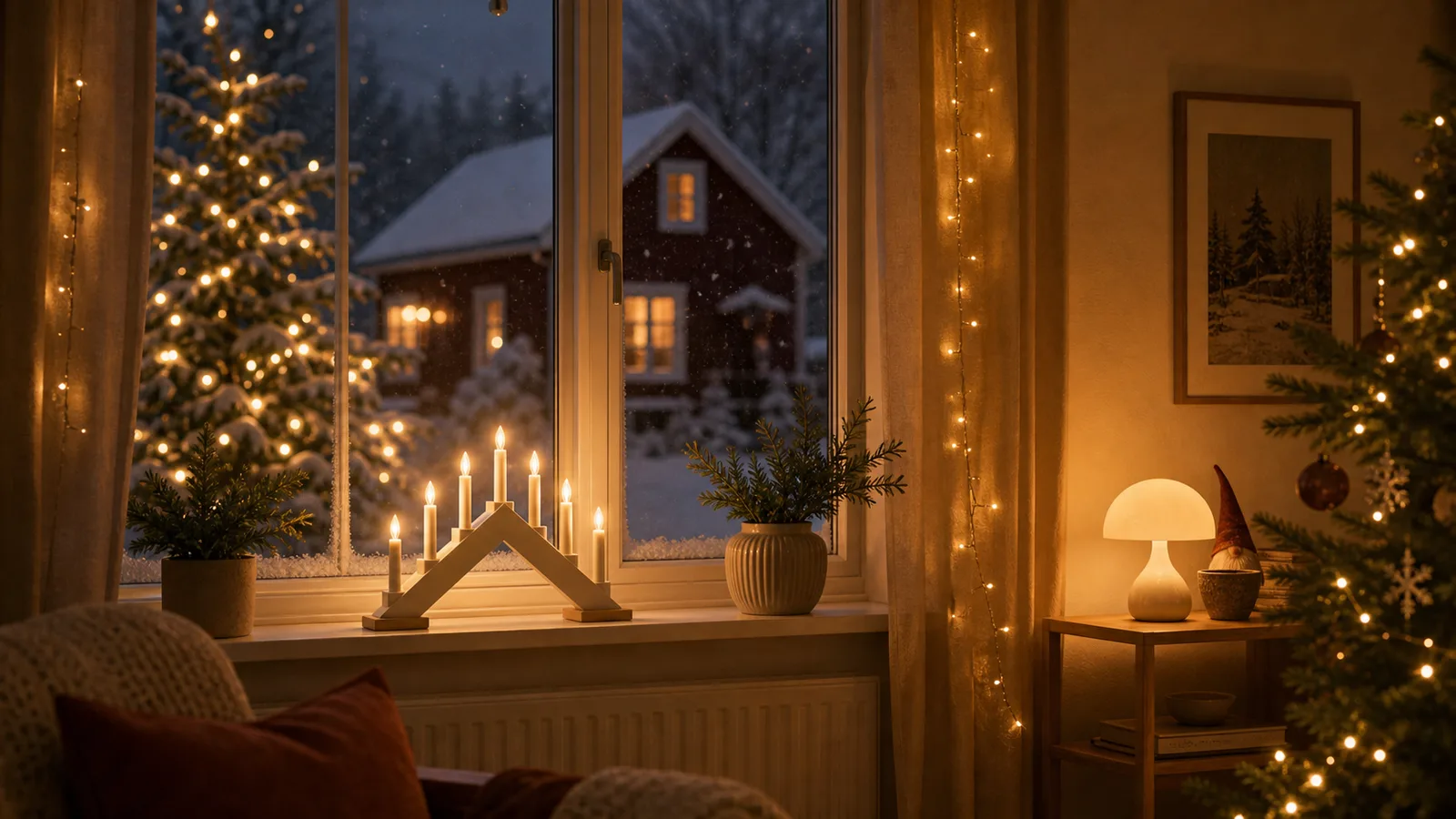 Mysigt svenskt hem med julbelysning och adventsljusstake i fönstret
