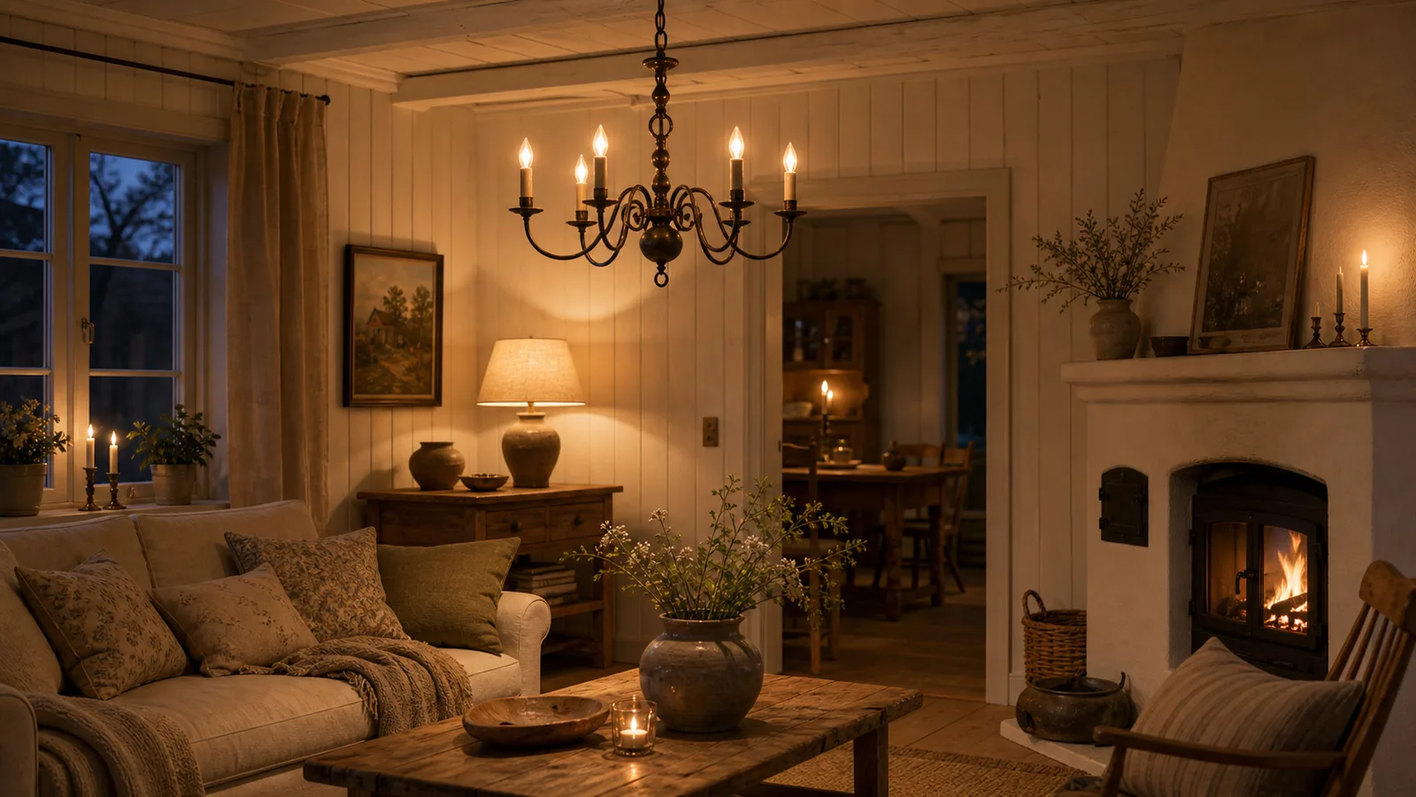 Lantligt rum med smideskrona och tygskärmslampa i varmt ljus