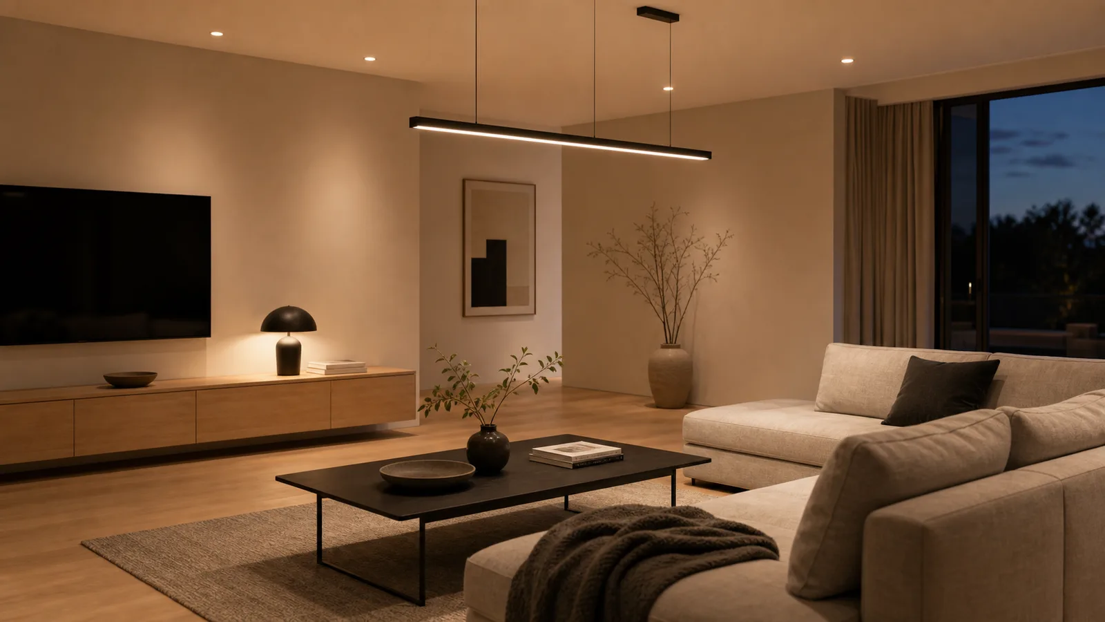 Modernt minimalistiskt vardagsrum med slimmad LED-pendel och jämnt varmt ljus