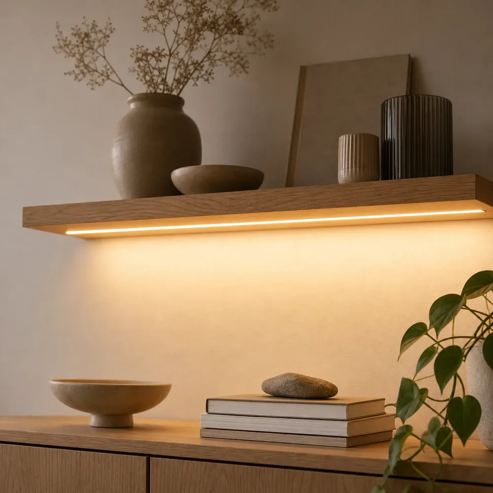 Varmvit LED-list under en flytande ekhylla