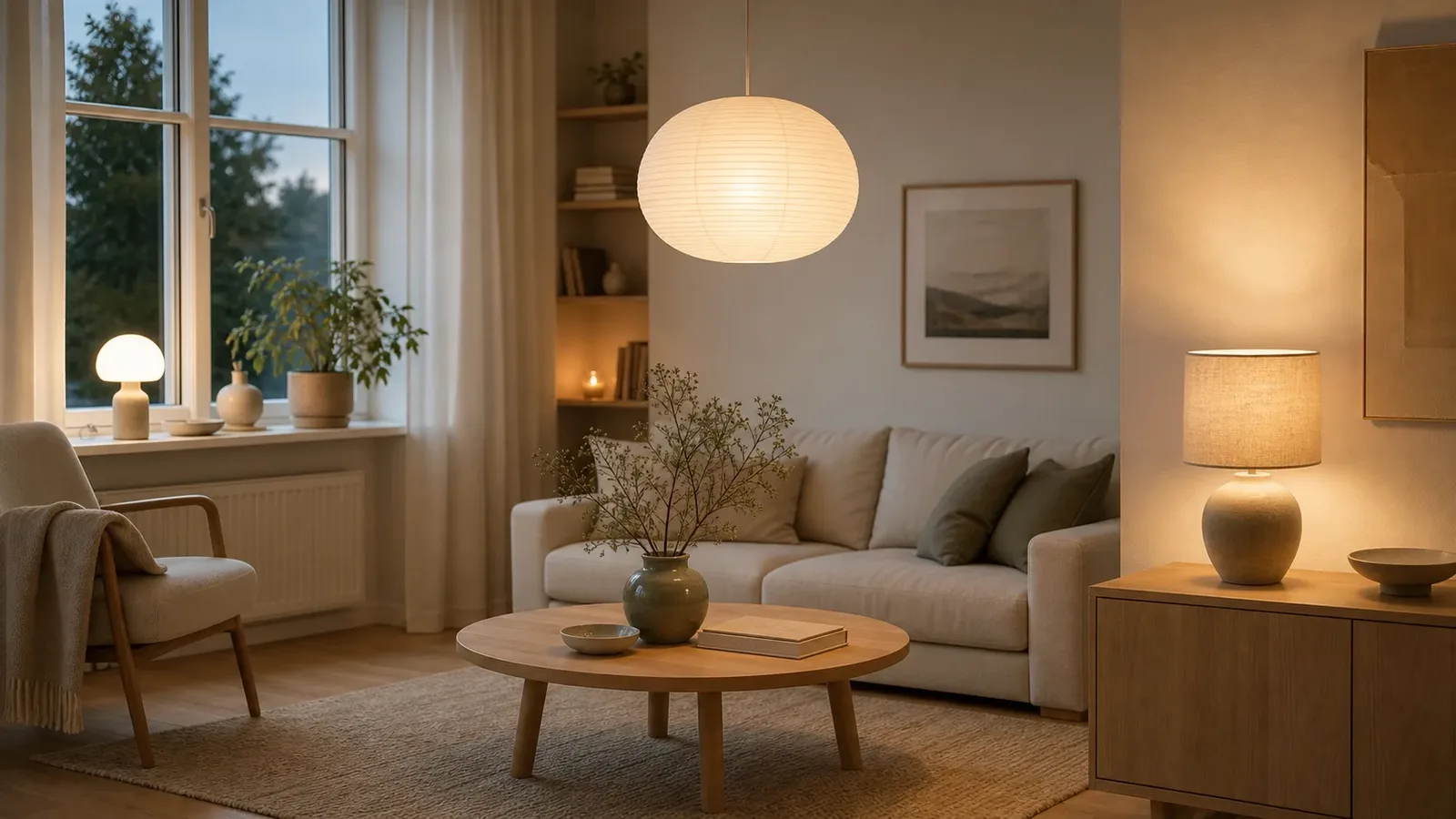 Ljust skandinaviskt vardagsrum med papperspendel och varma lampor