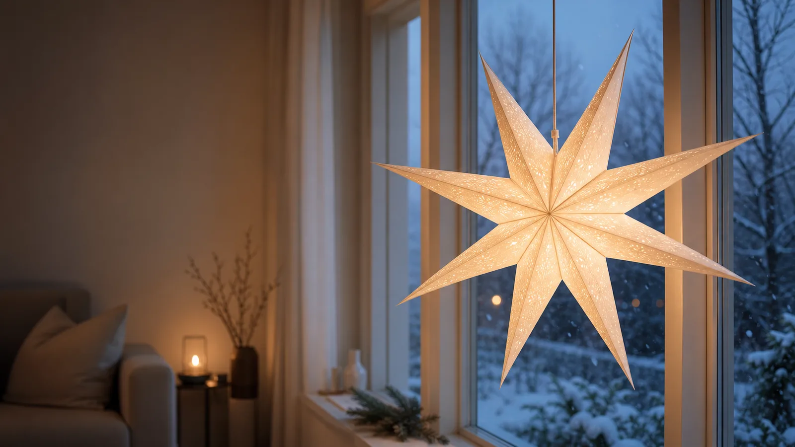 En varmt lysande vit adventsstjärna i ett fönster med snö utanför