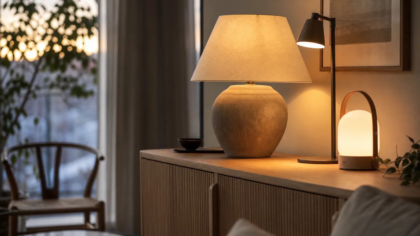 Flera bordslampor uppställda på en sideboard i ett varmt vardagsrum