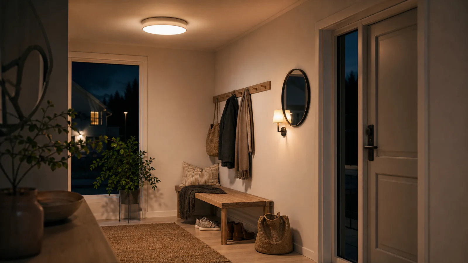 Hall med en plafond i taket som lyser upp jämnt vid en spegel och en bänk