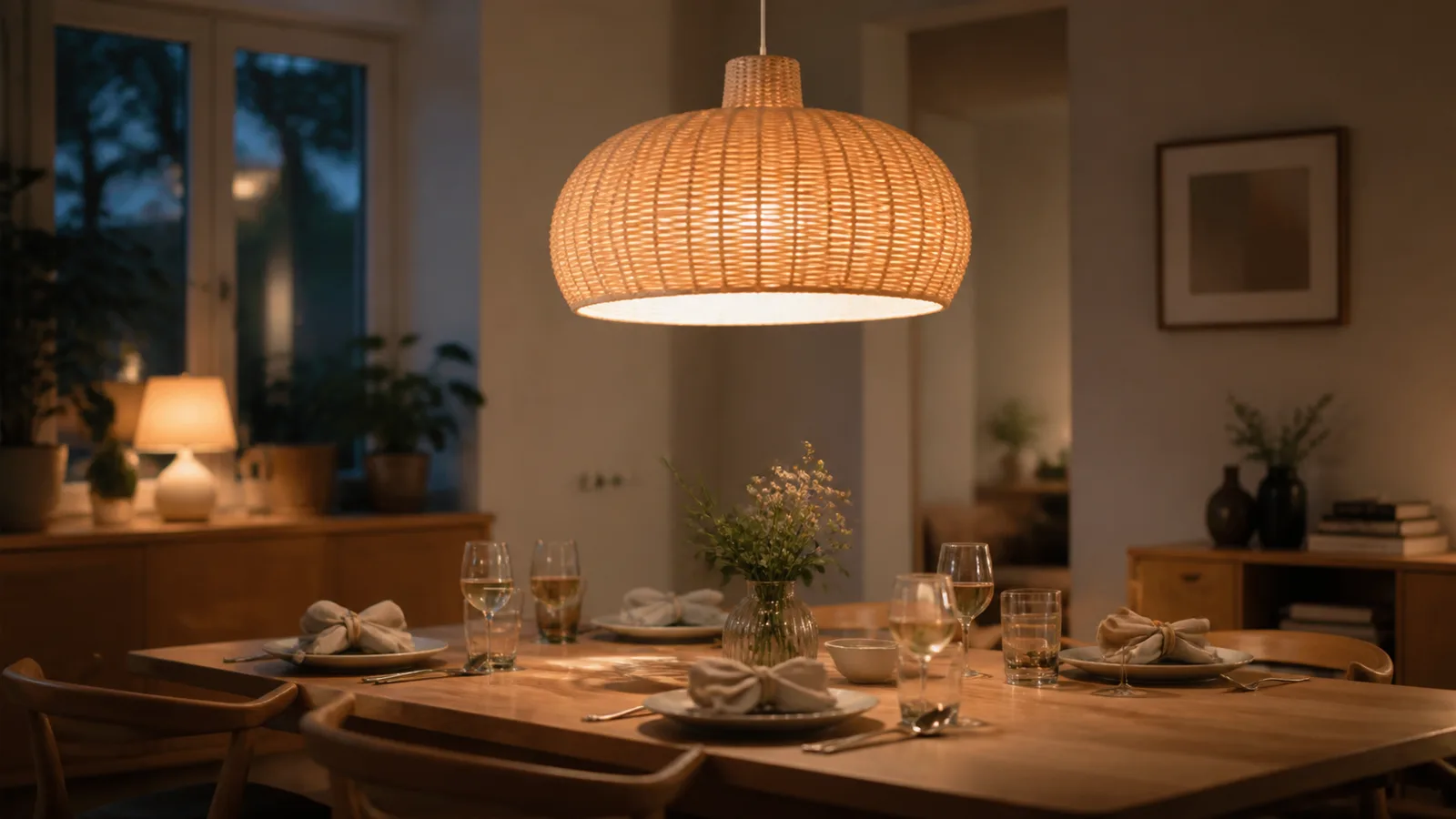 Pendellampa som hänger och lyser varmt över ett dukat matbord i skymningen