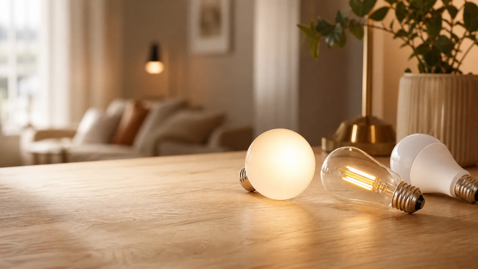 Varmvita LED-lampor i olika former — glob, filament och standard — på ett ekbord