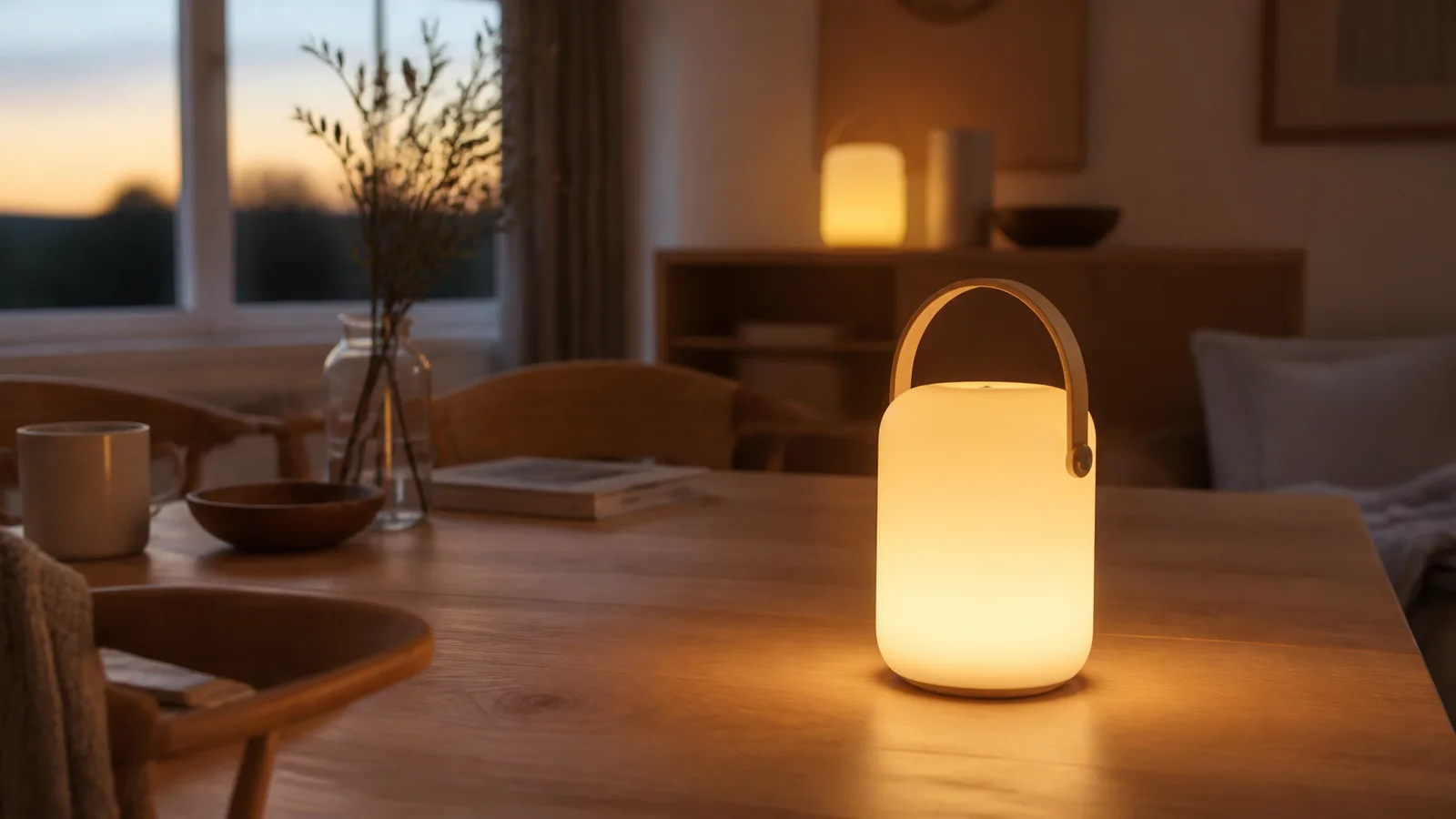 Sladdlös uppladdningsbar bordslampa som lyser varmt på ett träbord i skymningen