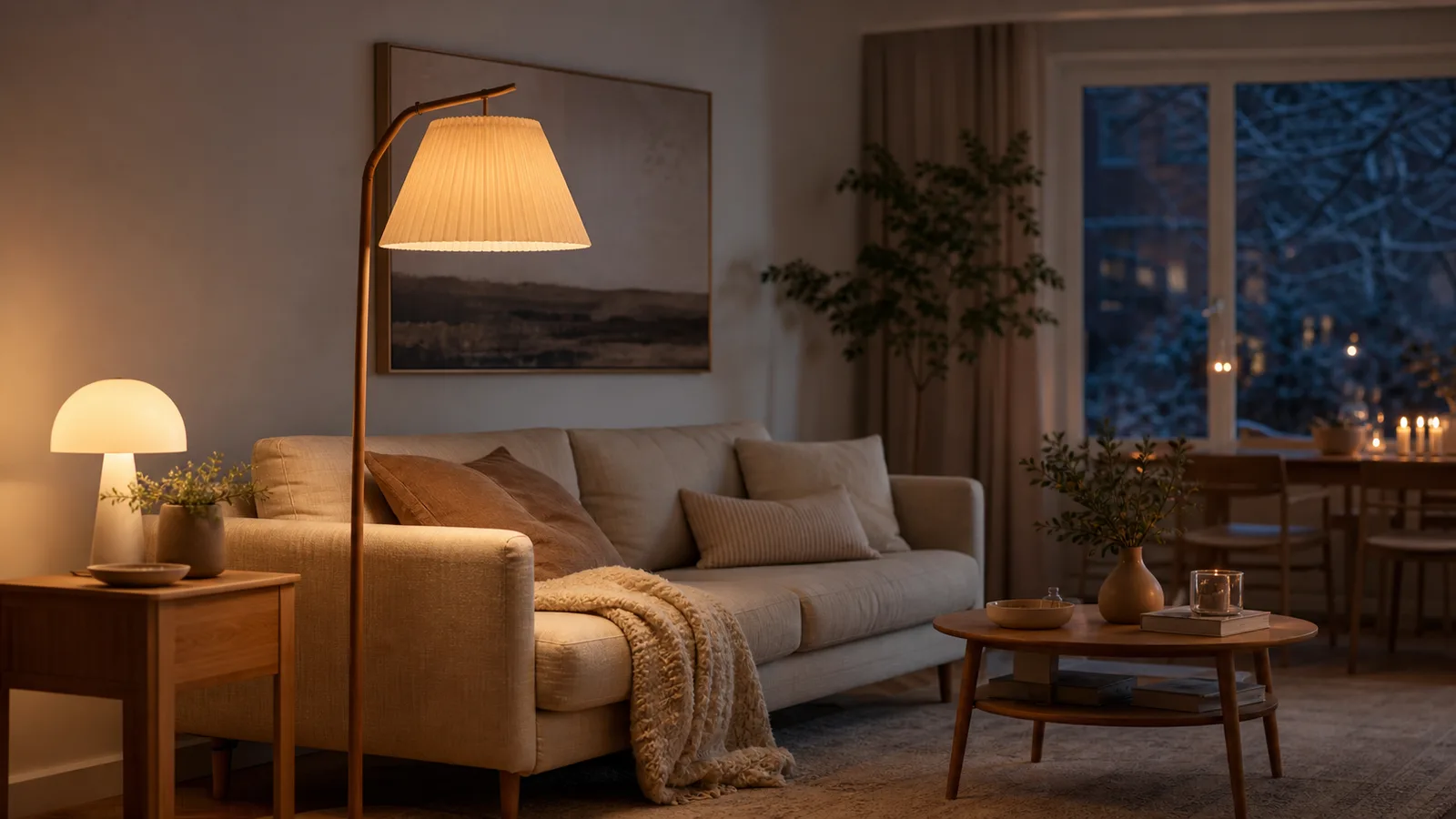 Vardagsrum om kvällen med golvlampa vid soffan och varmt lampljus på sidobordet