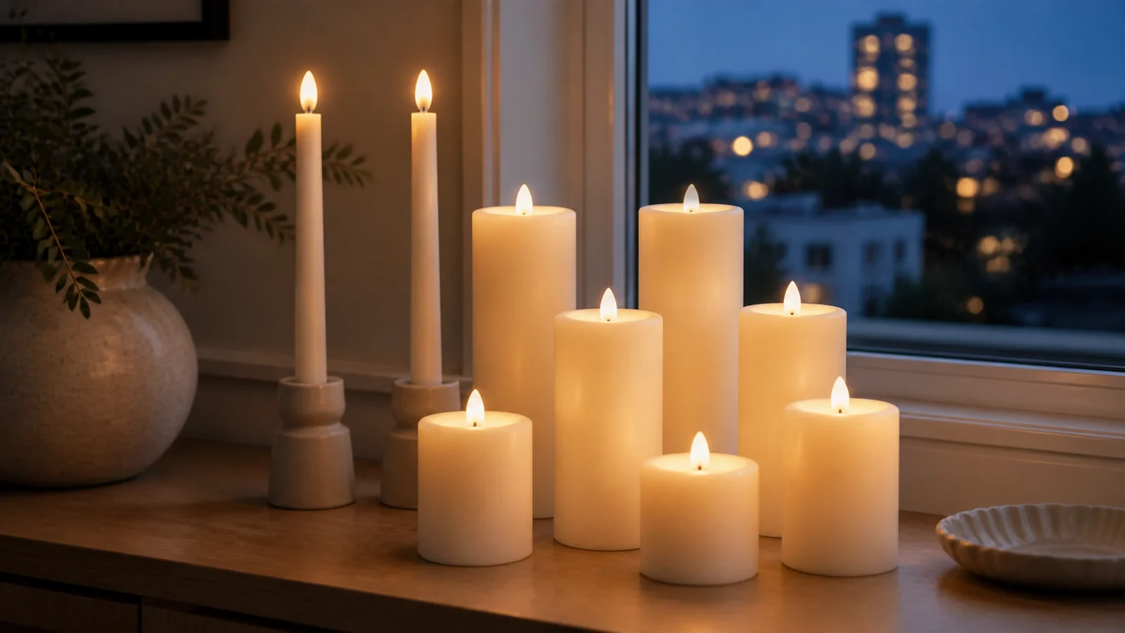 Grupp av vita LED-blockljus som lyser varmt i ett fönster i skymningen