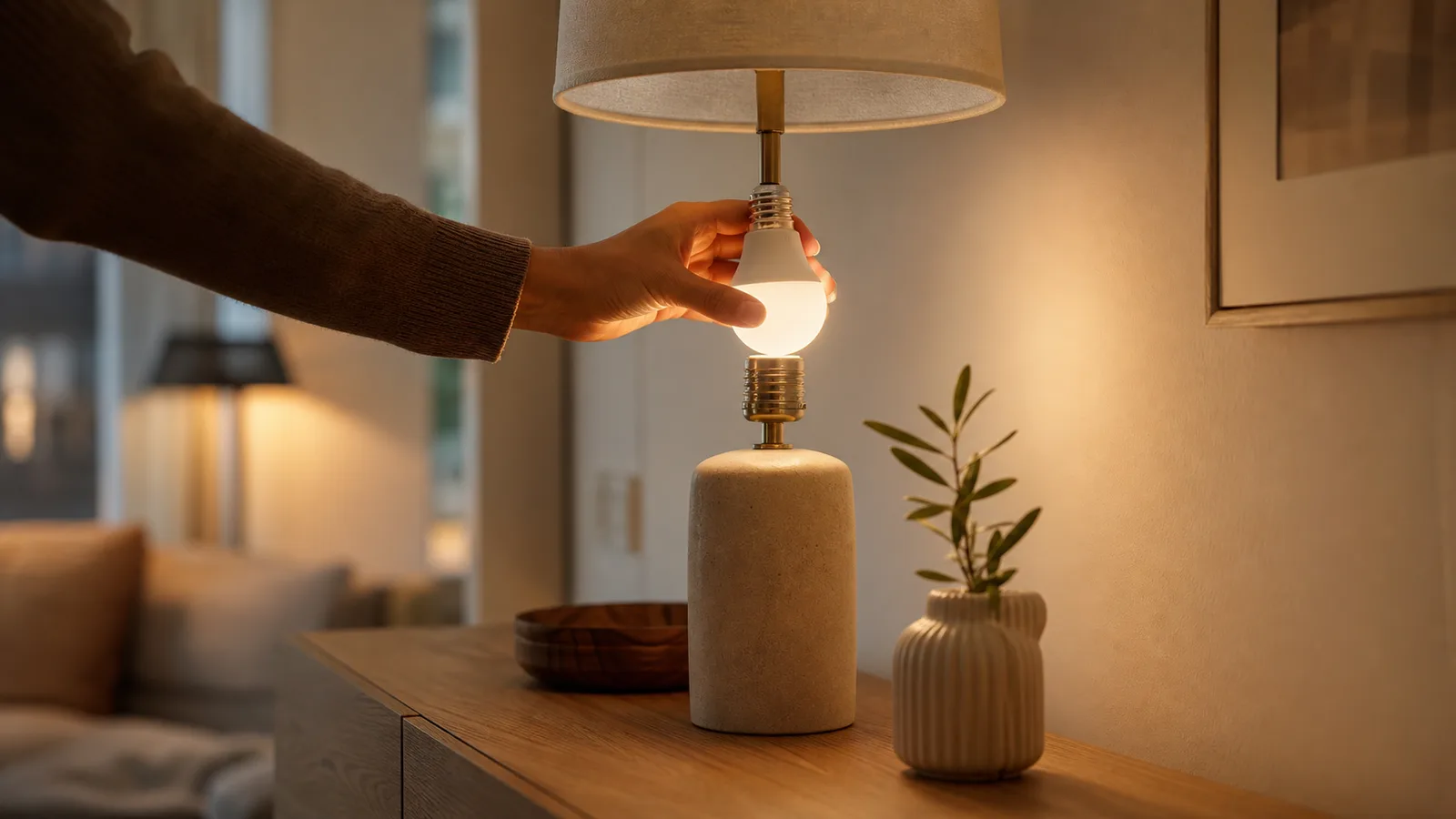 En hand som byter en varmvit LED-ljuskälla i en bordslampa i kvällsljus