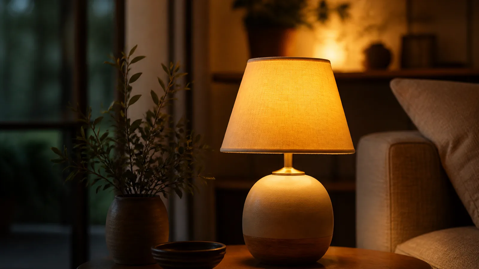 Bordslampa neddimmad till ett mjukt sken en kväll i vardagsrummet