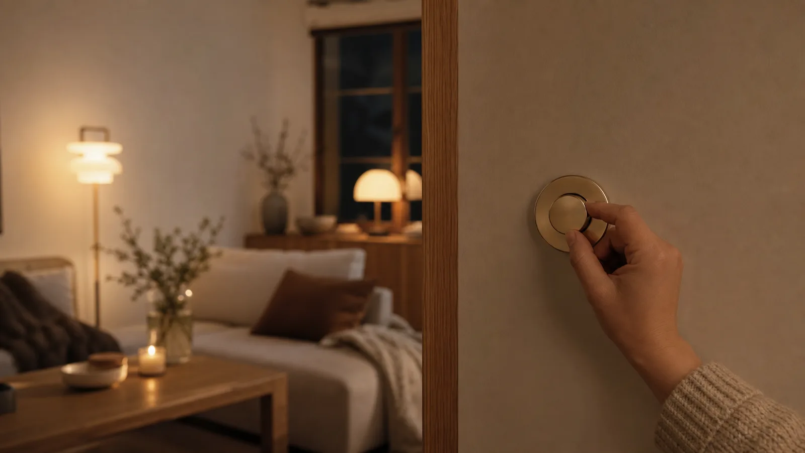 En hand som vrider ner en dimmer och ett varmt ljus som dämpas i ett vardagsrum
