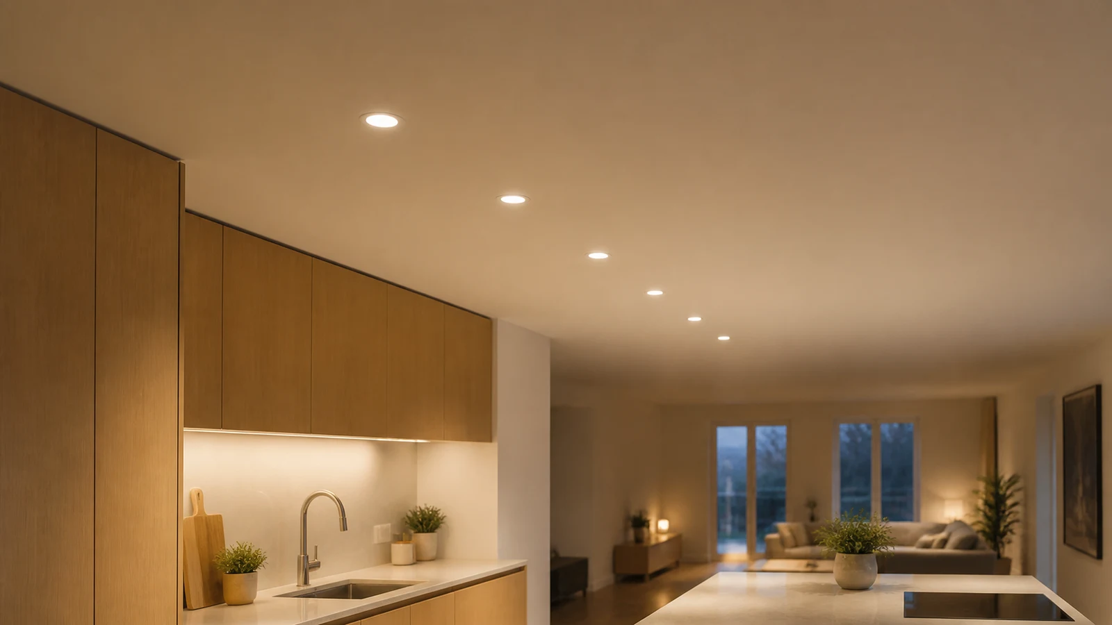 En rad infällda downlights i ett vitt innertak som lyser ner med varma ljuskäglor