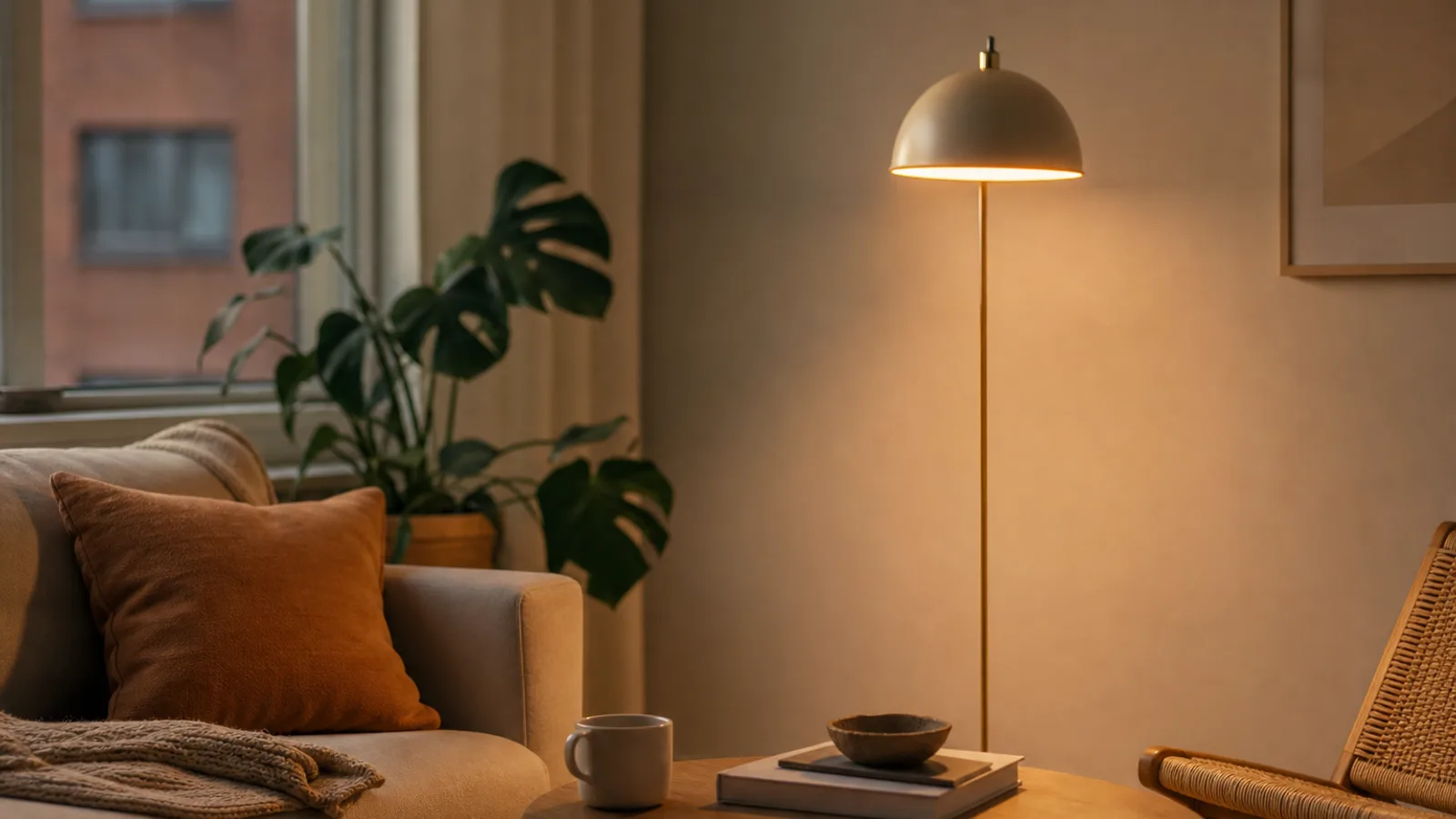 En energisnål LED-lampa som ger varmt ljus i ett mjukt upplyst rum