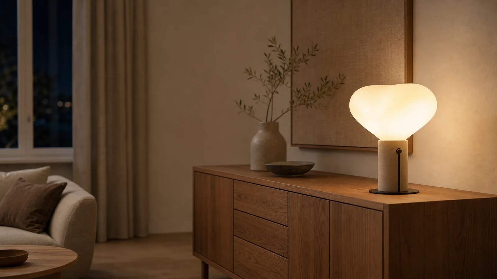 En skulptural modern designbordslampa som lyser varmt på en sideboard