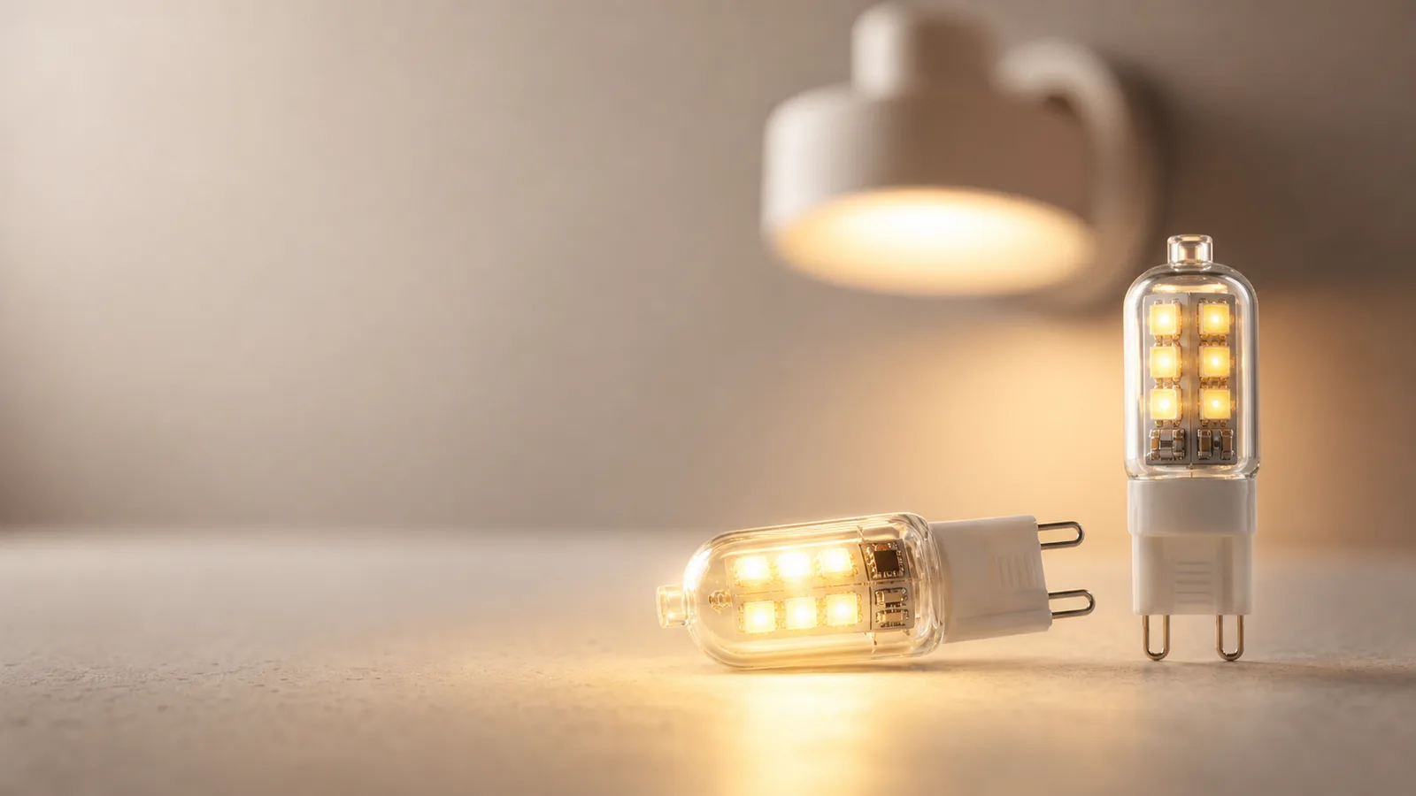 Närbild på små G9 LED-ljuskällor, varav en lyser varmt