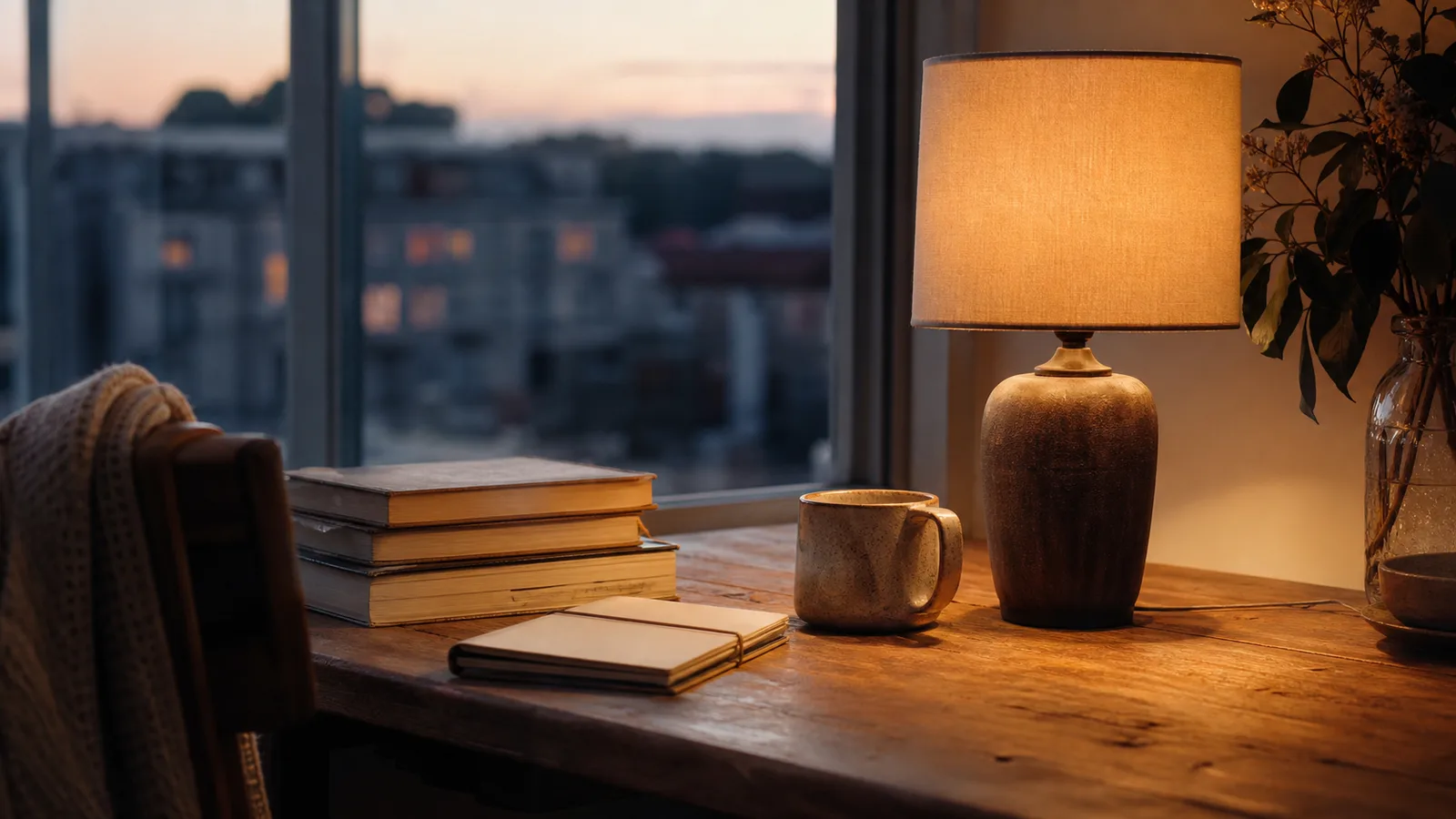 Tänd bordslampa bredvid böcker och ett anteckningsblock på ett träskrivbord i skymningen