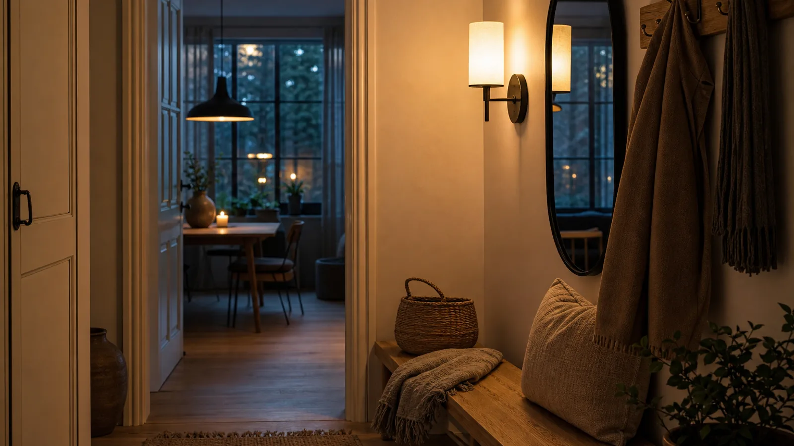 Välkomnande hall upplyst av en vägglampa bredvid en spegel om kvällen