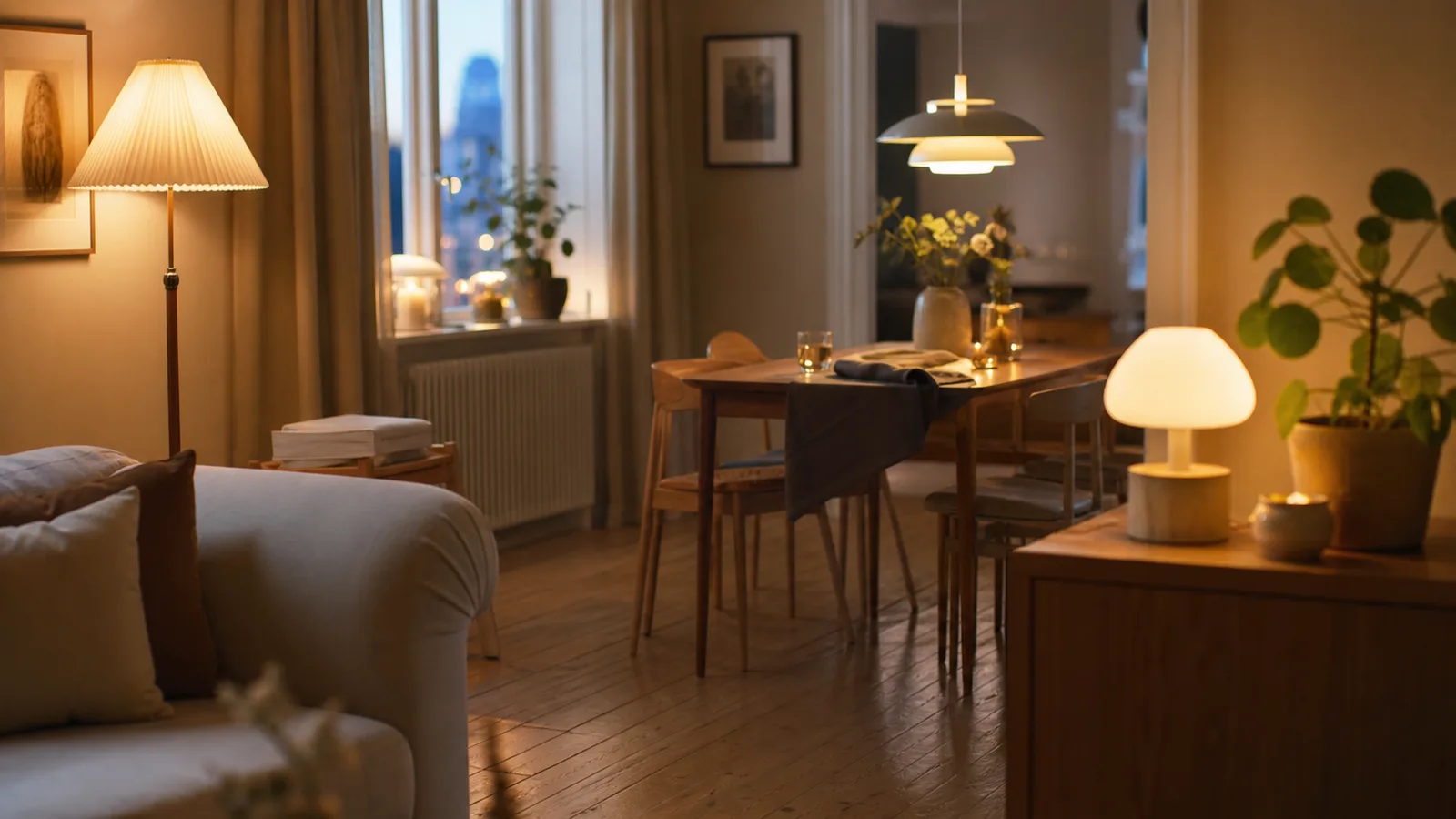 Ett varmt upplyst hem där pendel, golv- och bordslampor lyser tillsammans