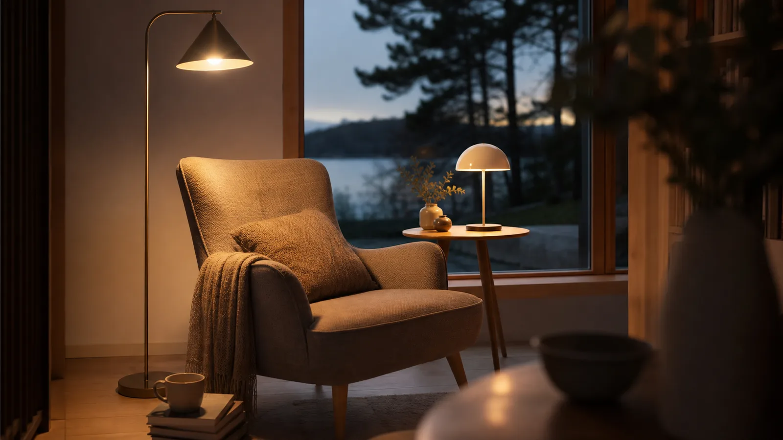 En läshörna med golvlampa och bordslampa som lyser varmt vid en fåtölj