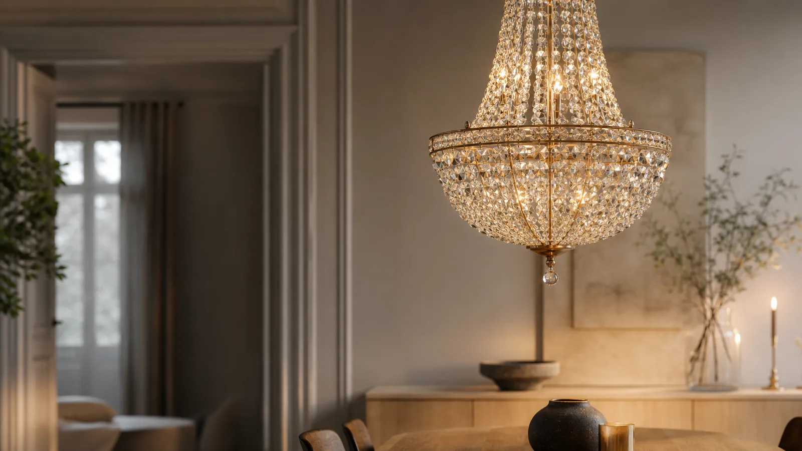 En kristallkrona som glittrar varmt i ett elegant rum