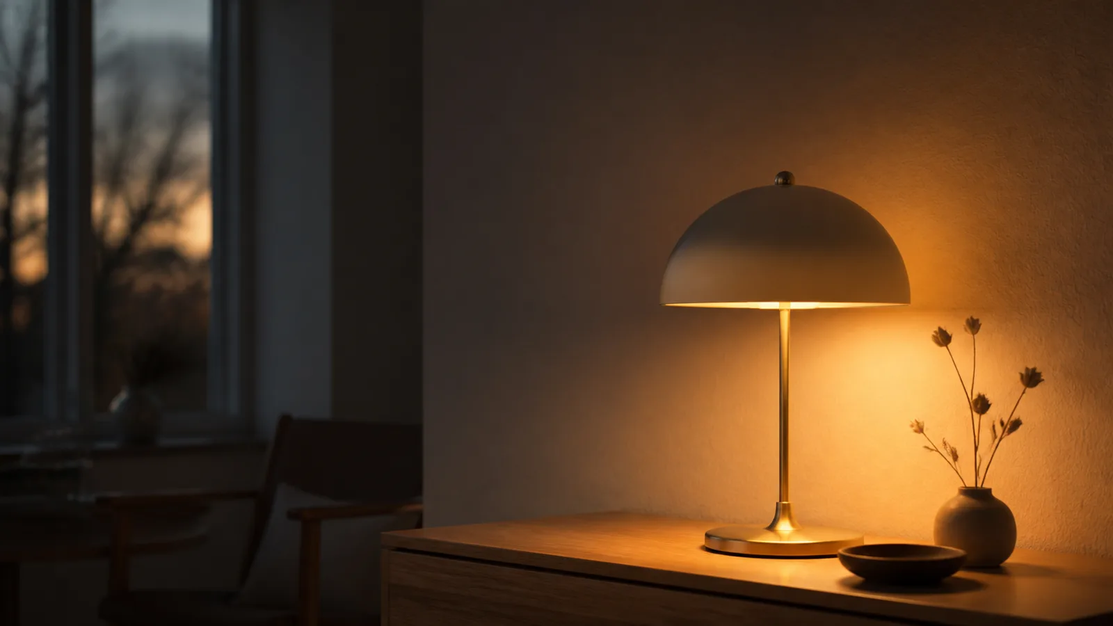 En bordslampa med ett ojämnt, flimrande varmt sken i ett skymningsmörkt rum