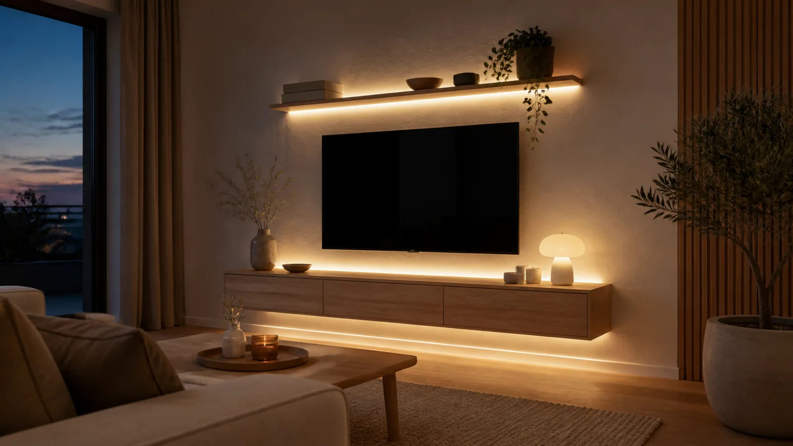Varmvit LED-strip som lyser indirekt bakom en TV och under en hylla i ett vardagsrum