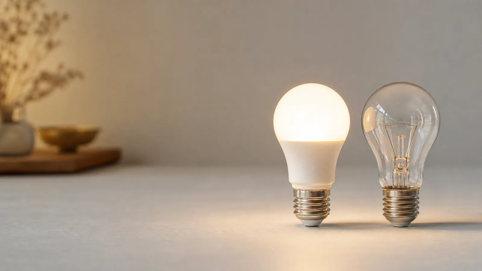 En modern LED-lampa bredvid en äldre halogenlampa på en neutral yta