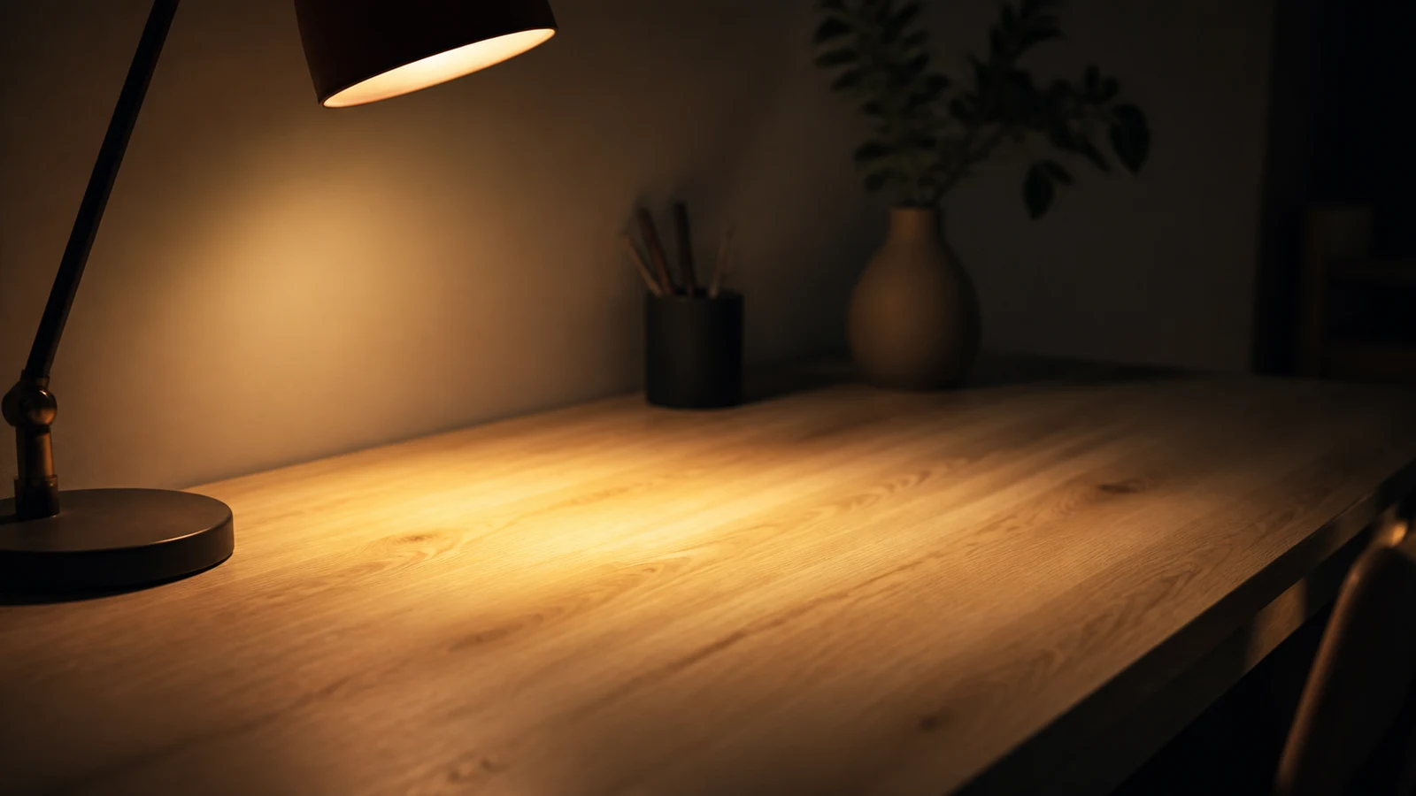 En varm ljuskägla från en lampa som faller på en träbänk i ett annars dunkelt rum
