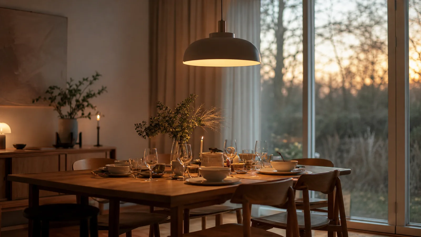 Pendellampa som lyser varmt över ett dukat matbord i en skandinavisk matsal