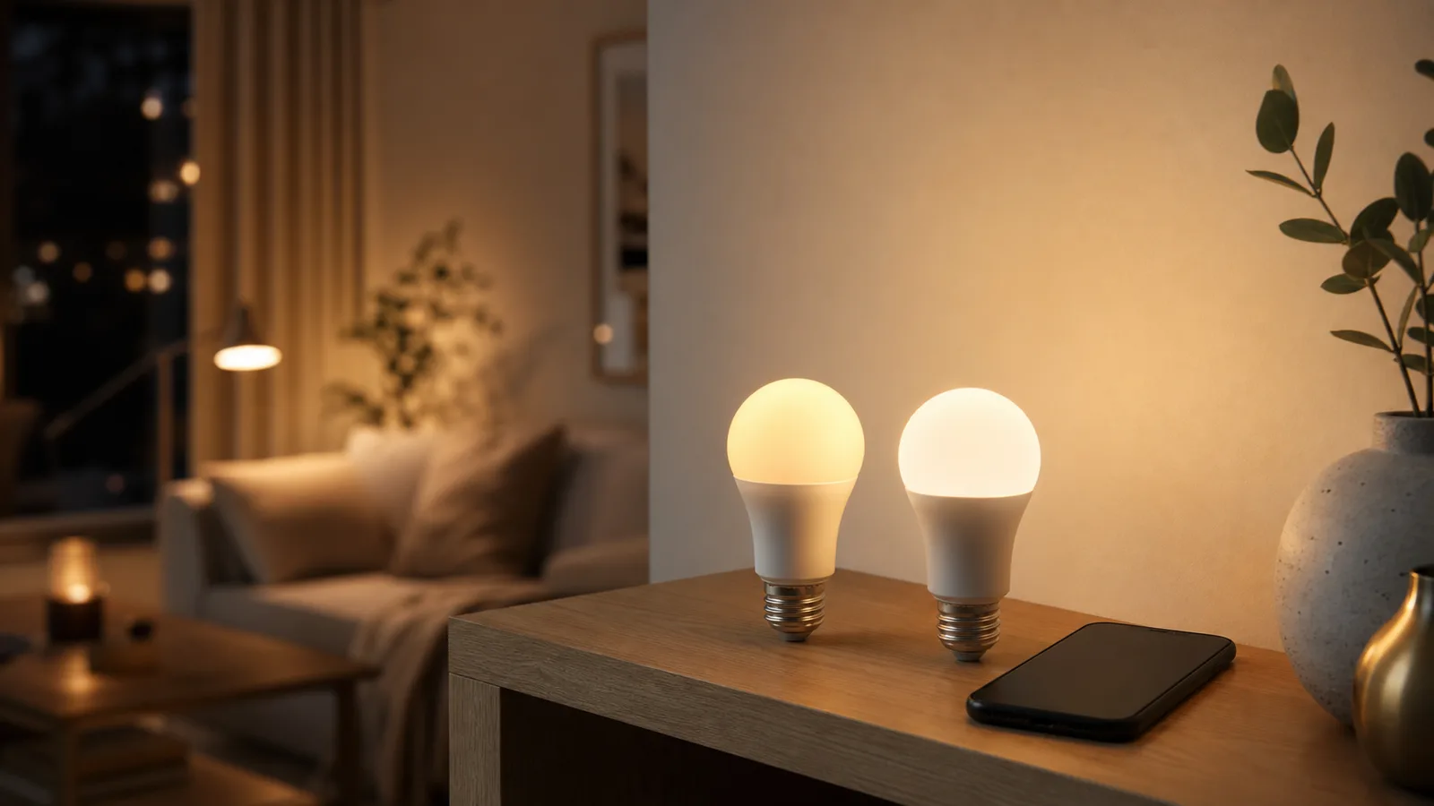 Två smarta LED-lampor som lyser i olika varma toner intill en mobil