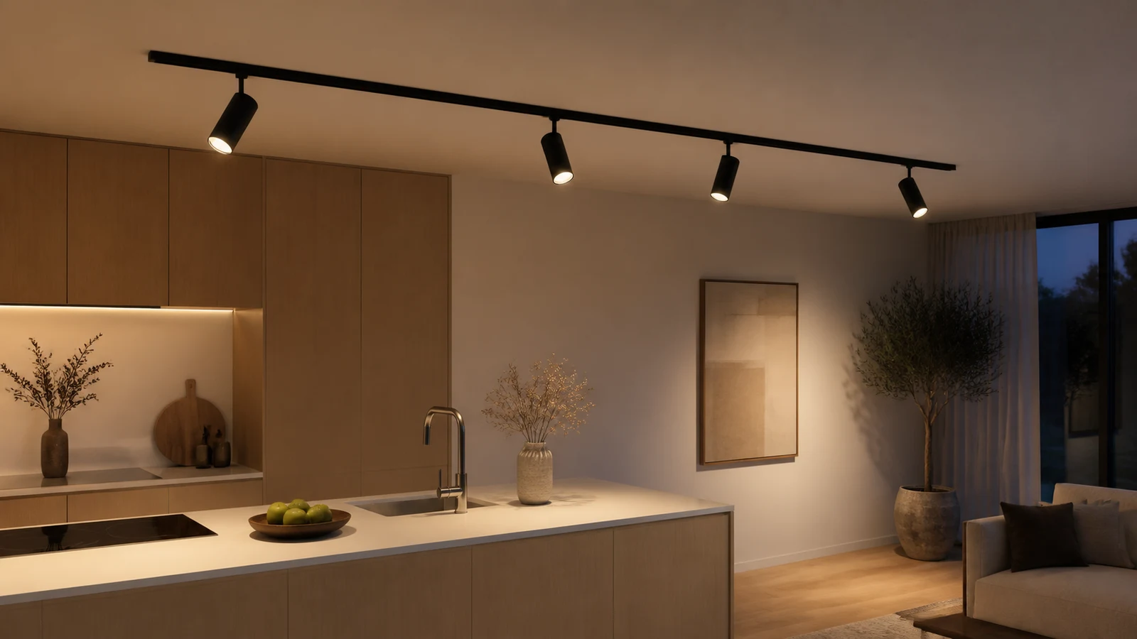 Svart skena i taket med flera riktbara spotlights som lyser ner över en köksö