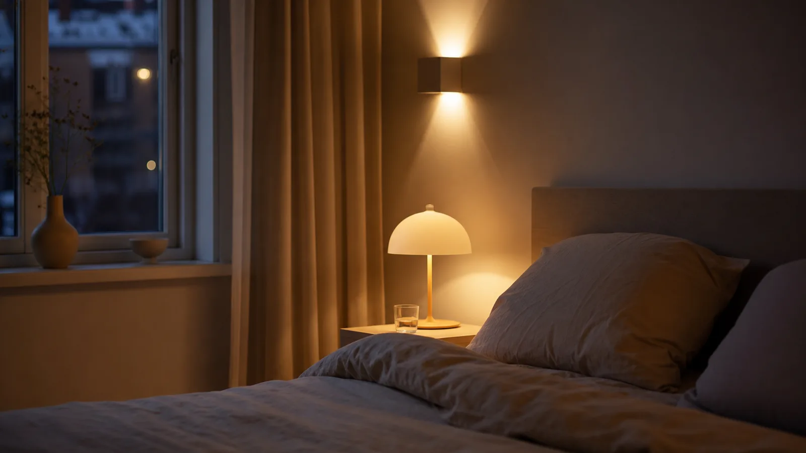 Sovrum med lager av varmt ljus från sänglampa och vägglampa om kvällen
