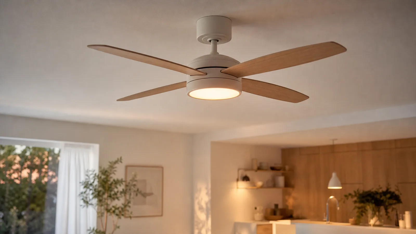 Modern takfläkt med integrerad varm lampa i ett ljust rum
