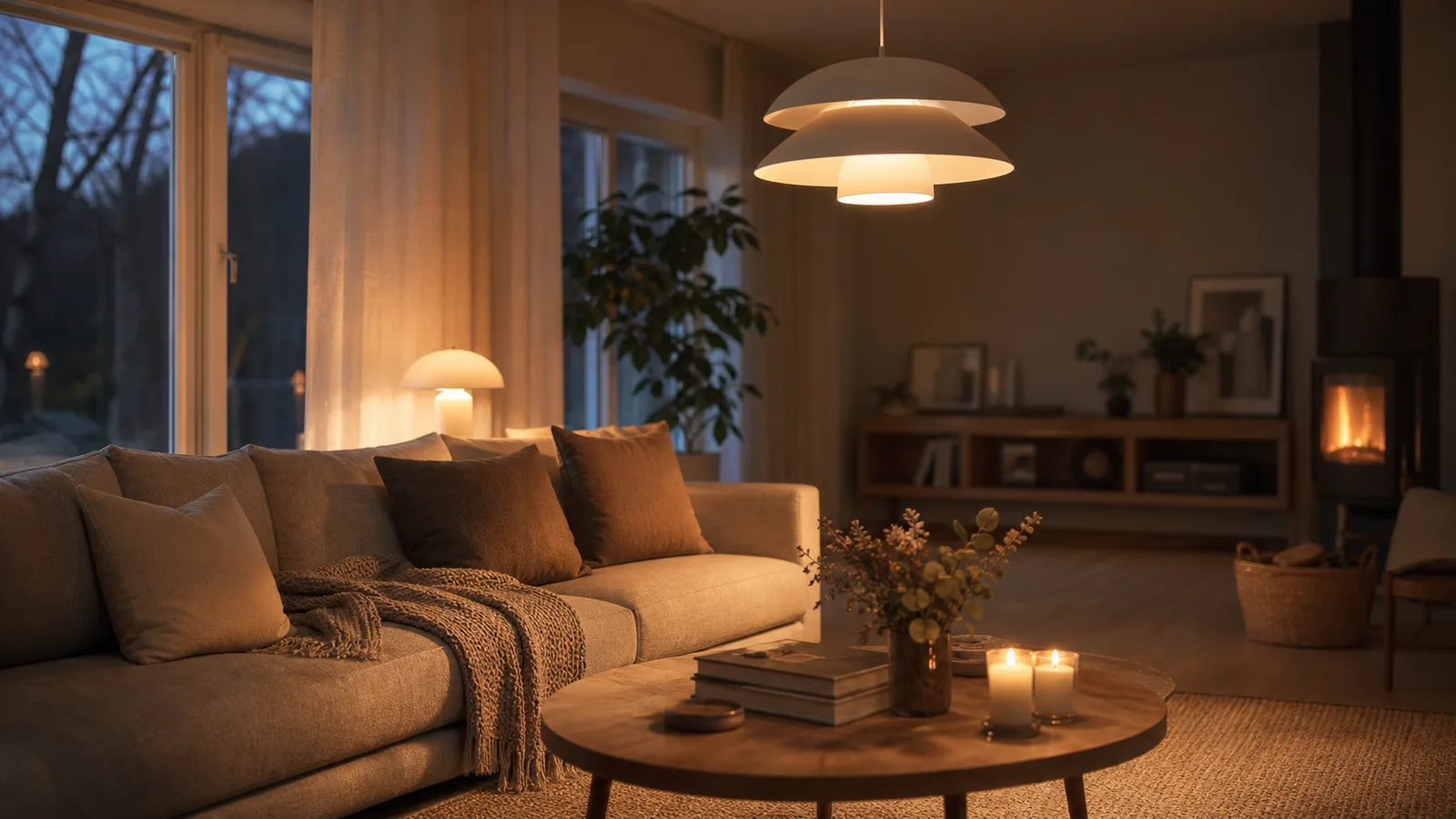 Varm takpendel som huvudljus över soffa och soffbord i ett vardagsrum om kvällen