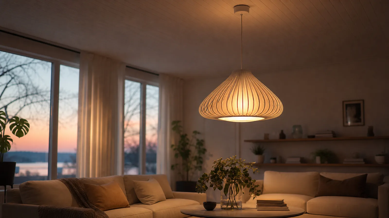 Skulptural pendellampa som ger det varma grundljuset i ett skandinaviskt vardagsrum