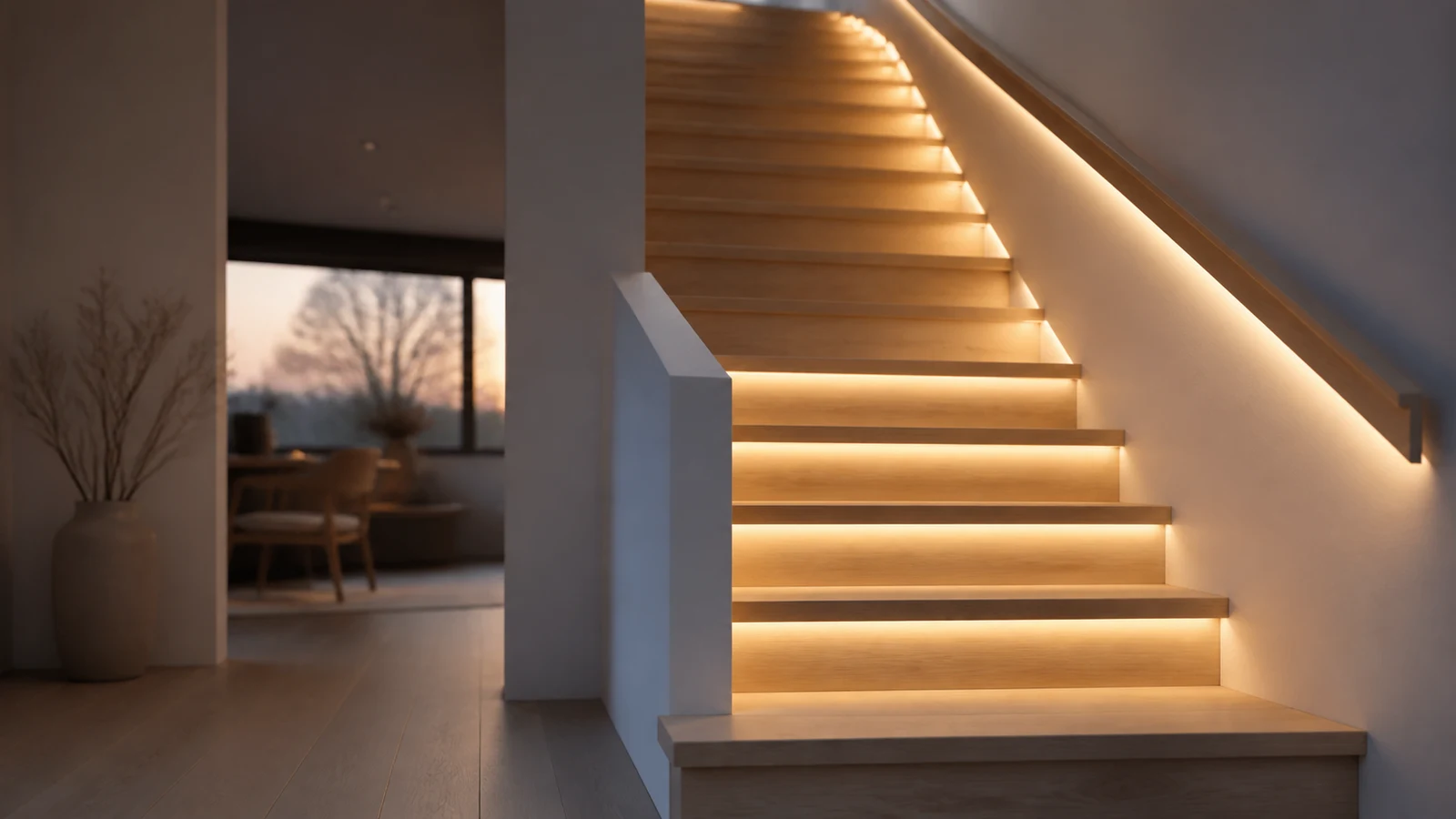 En trappa med varm LED-strip under stegen som lyser upp varje trappsteg