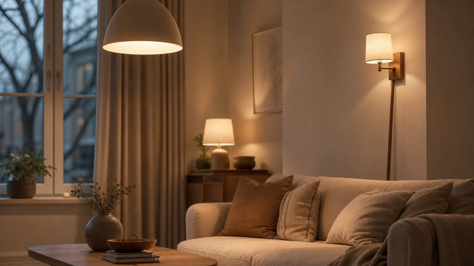 Många lamptyper tända i ett rum — pendel, golvlampa, bordslampa och vägglampa