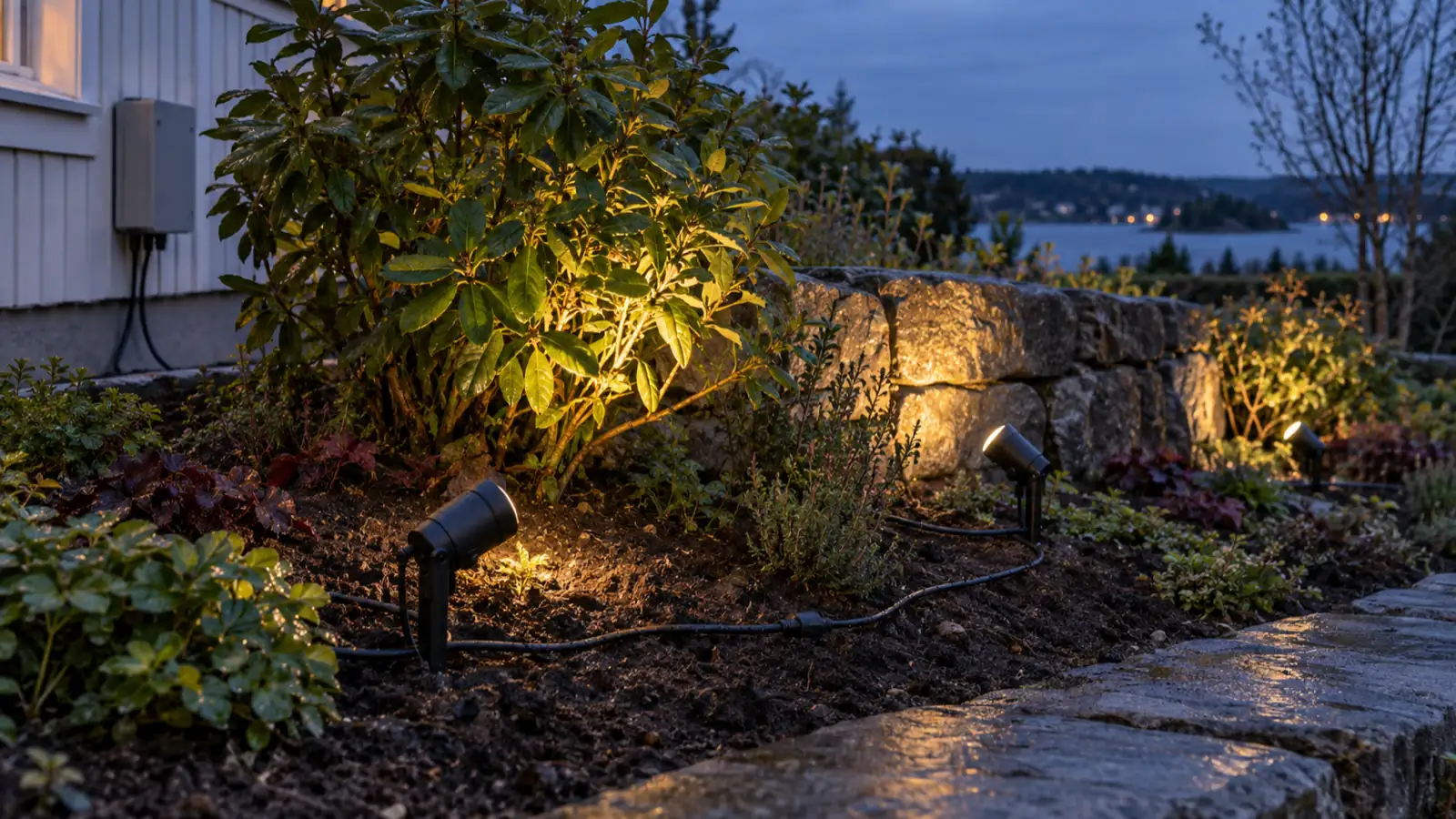 12V-belysning längs en trädgårdsgång med markspett och transformator