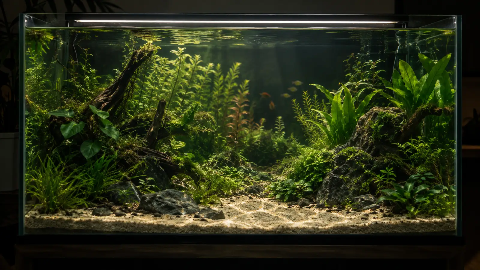 Planterat sötvattensakvarium upplyst uppifrån av en smal LED-ramp, med gröna växter och ljusreflexer i bottensubstratet