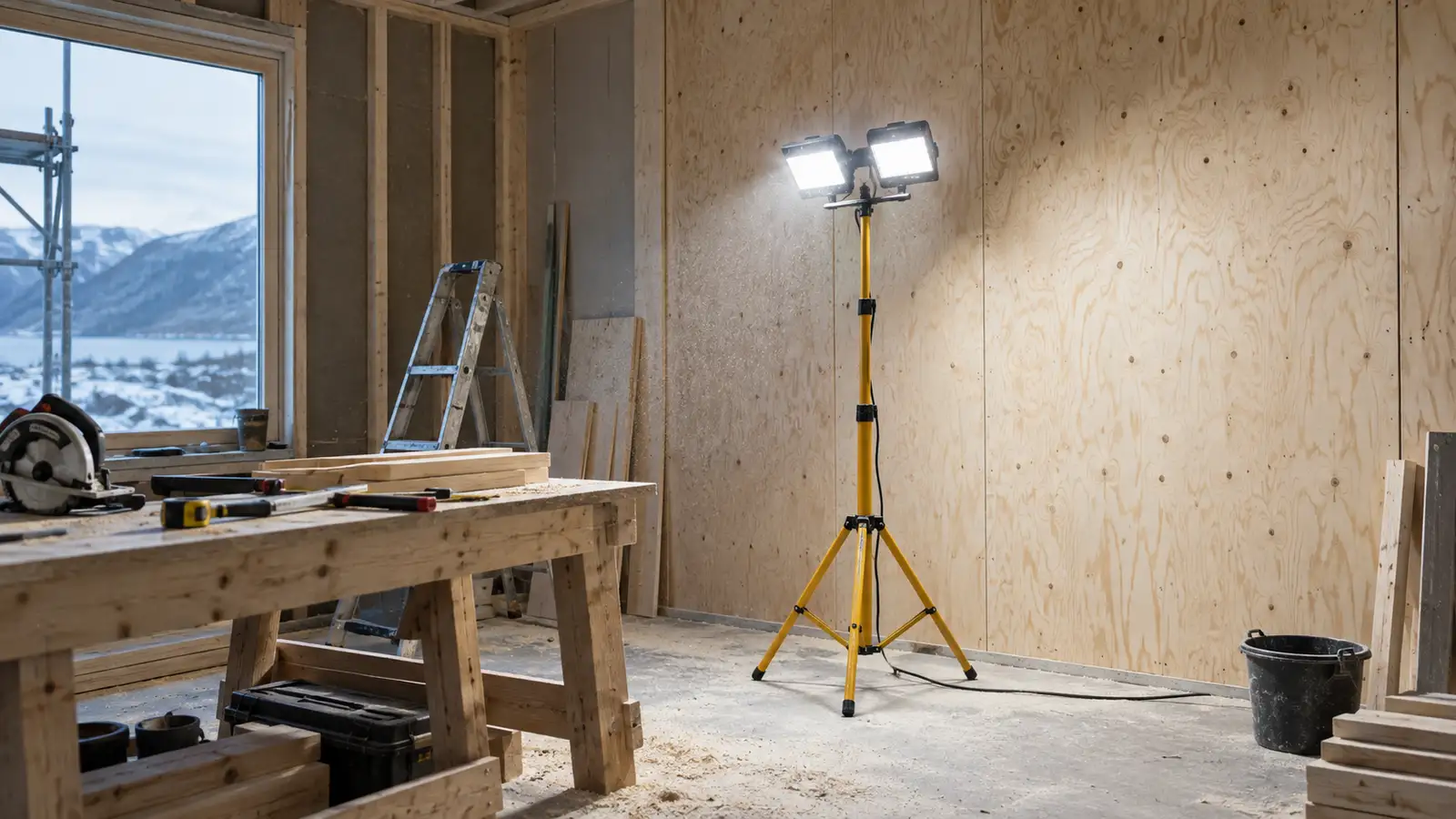 Portabel LED-bygglampa på stativ som lyser upp ett halvfärdigt renoveringsrum med verktyg på en bänk