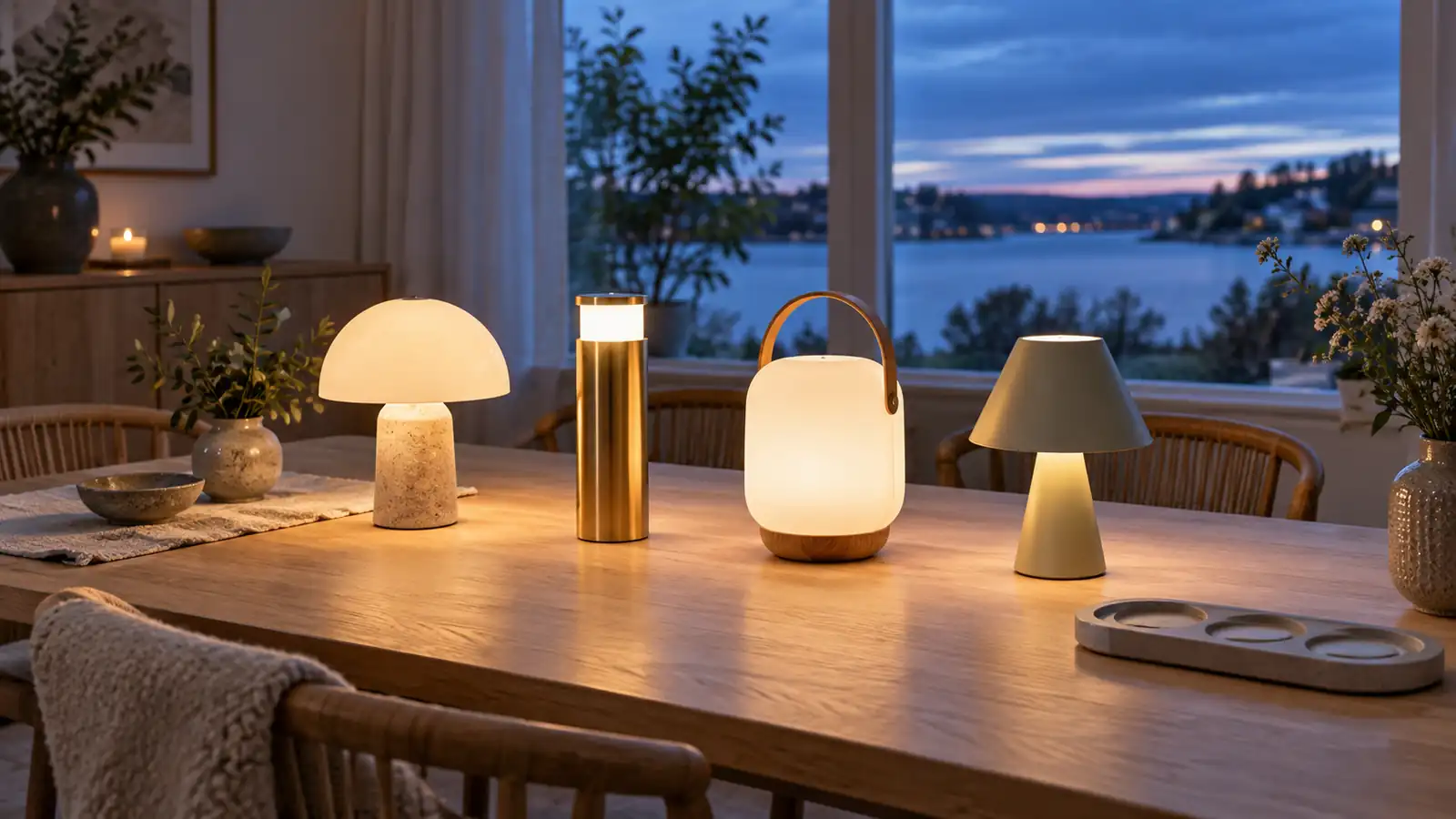 Fyra sladdlösa bordslampor som lyser på ett matbord i skymning