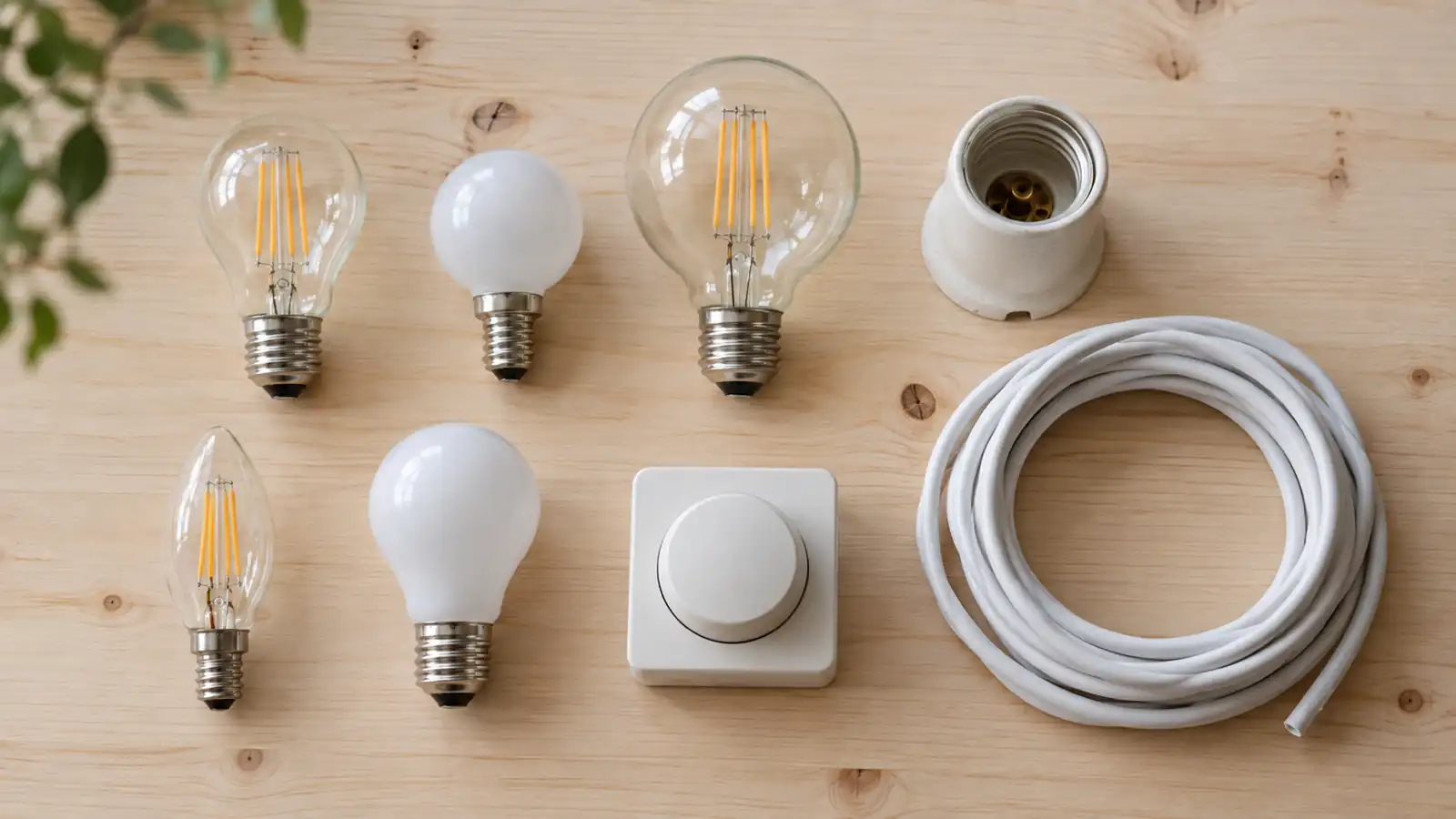 Ljuskällor, sockel, dimmer och kabel uppradade på en arbetsbänk
